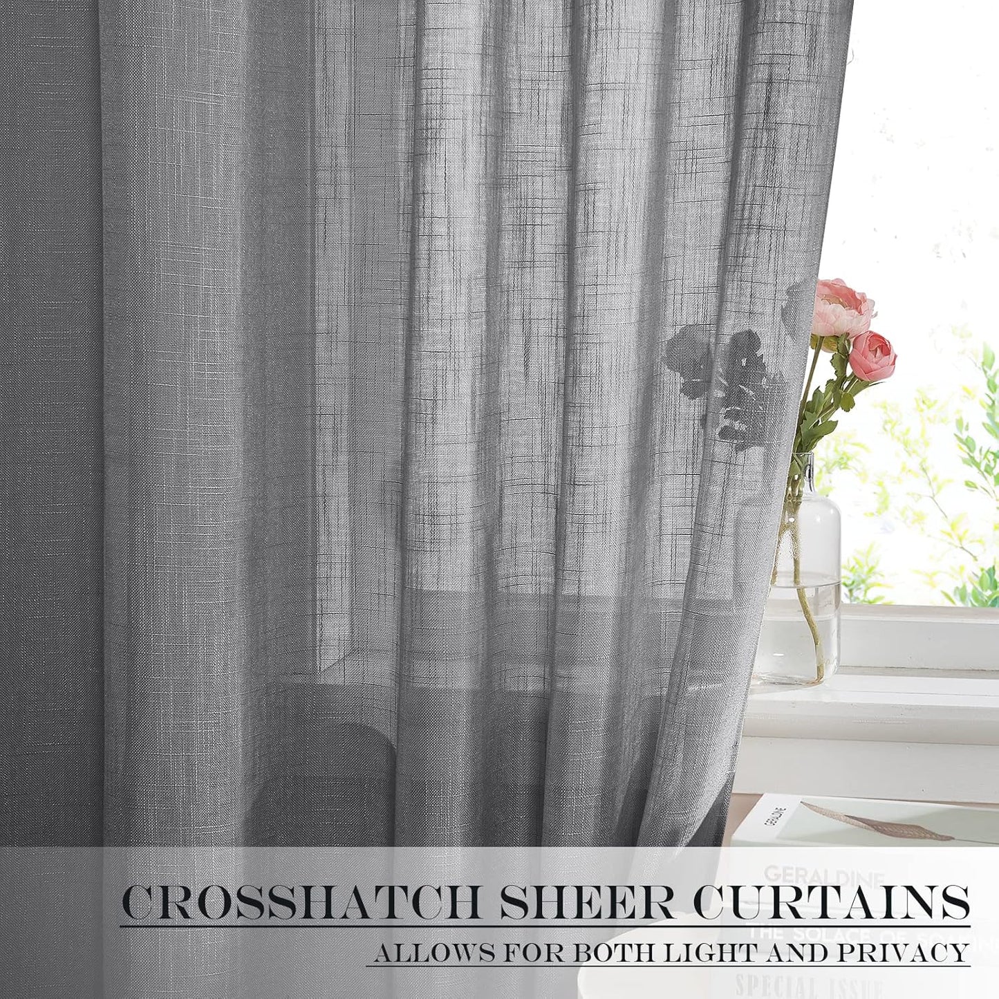 NICETOWN Semi Sheer Curtains 64 inches Long for Front French Door, Farmhouse Light Filtering Window Panels for Glass Office, Door Window Covering with Tieback, 26 Inches Wide, 1 Panel, Dark Grey