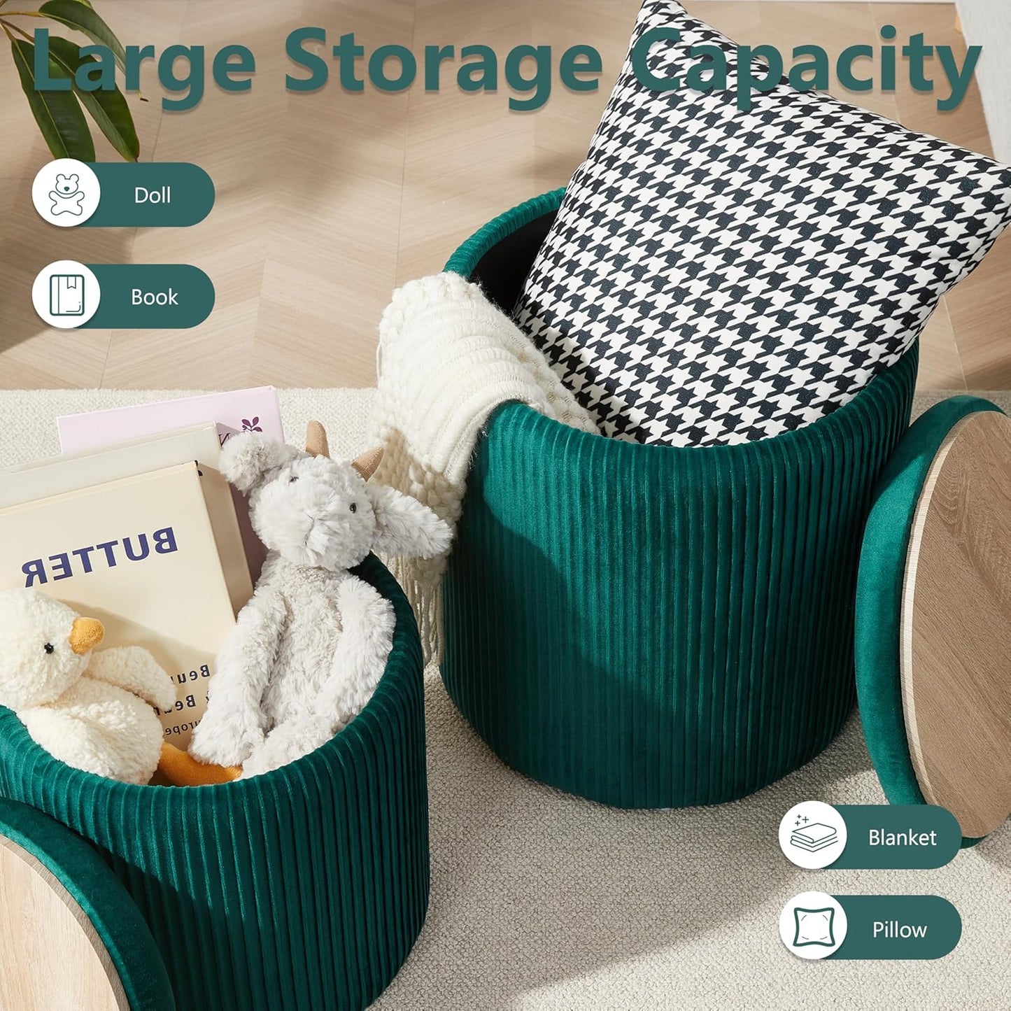 Royal Windsor Round Ottoman with Storage Set of 2,Vanity Stool with Storage for Bedroom, Ottoman Coffee Table, Small Velvet Foot Stool for Living Room, Green