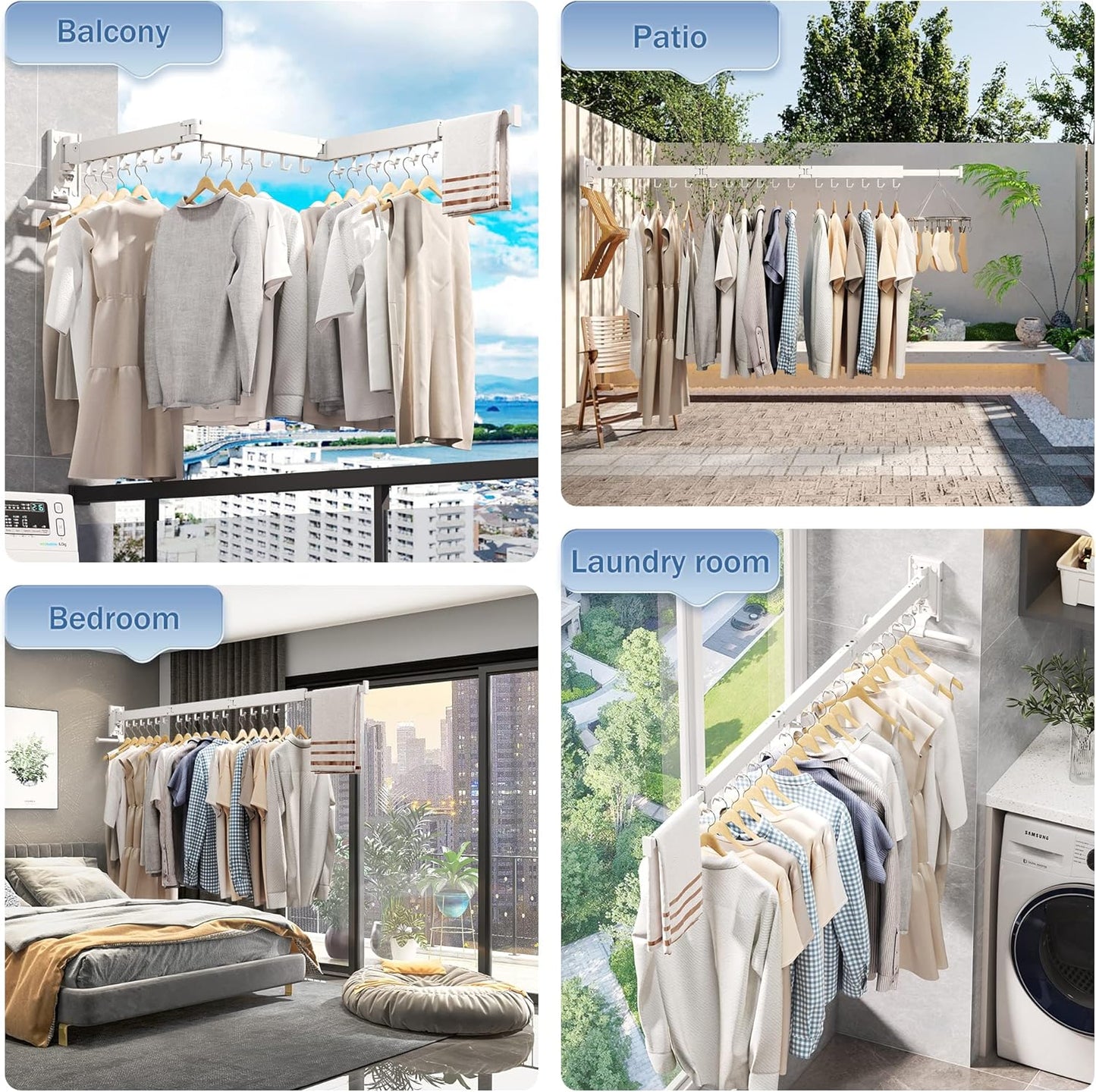 Drying Rack, Wall Mounted Clothes Rack, Aluminum, 220lbs Capacity, Foldable, White