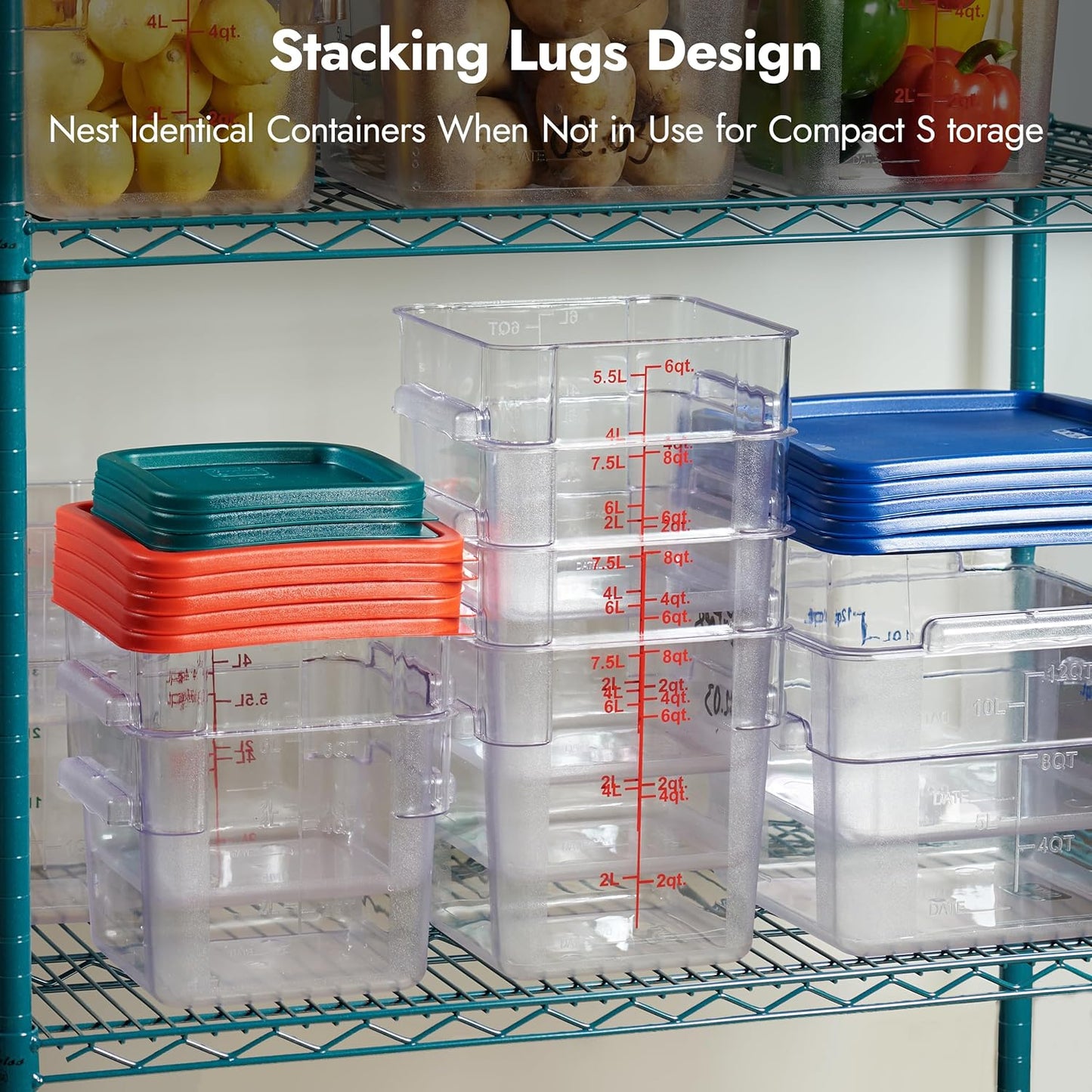 CURTA 4 Pack Food Storage Container with Green Lid - NSF Listed Commercial Grade in 2.0 Qt - Square, Clear, Polycarbonate