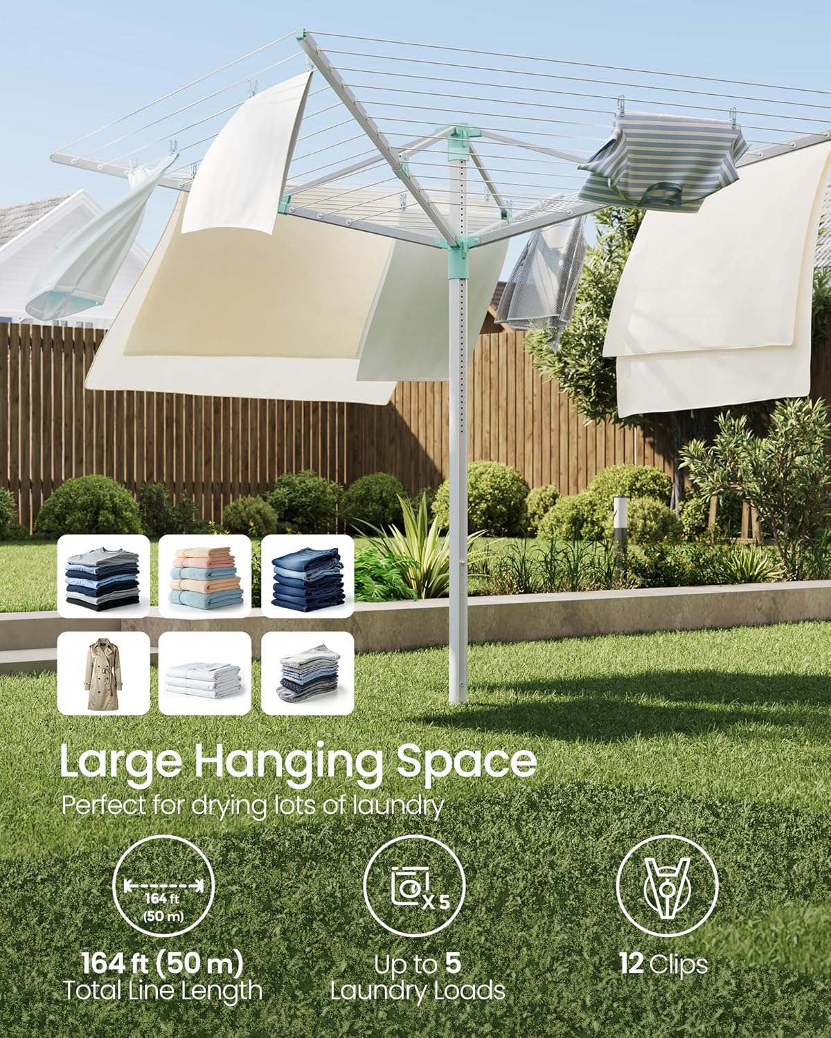 SONGMICS Umbrella Drying Rack, Retractable Outdoor Drying Rack, Height Adjustable, 164 ft Long Clothesline, Holds 5 Laundry Loads, for Garden, with Ground Spike, Cover, Silver and Green ULLR301E01