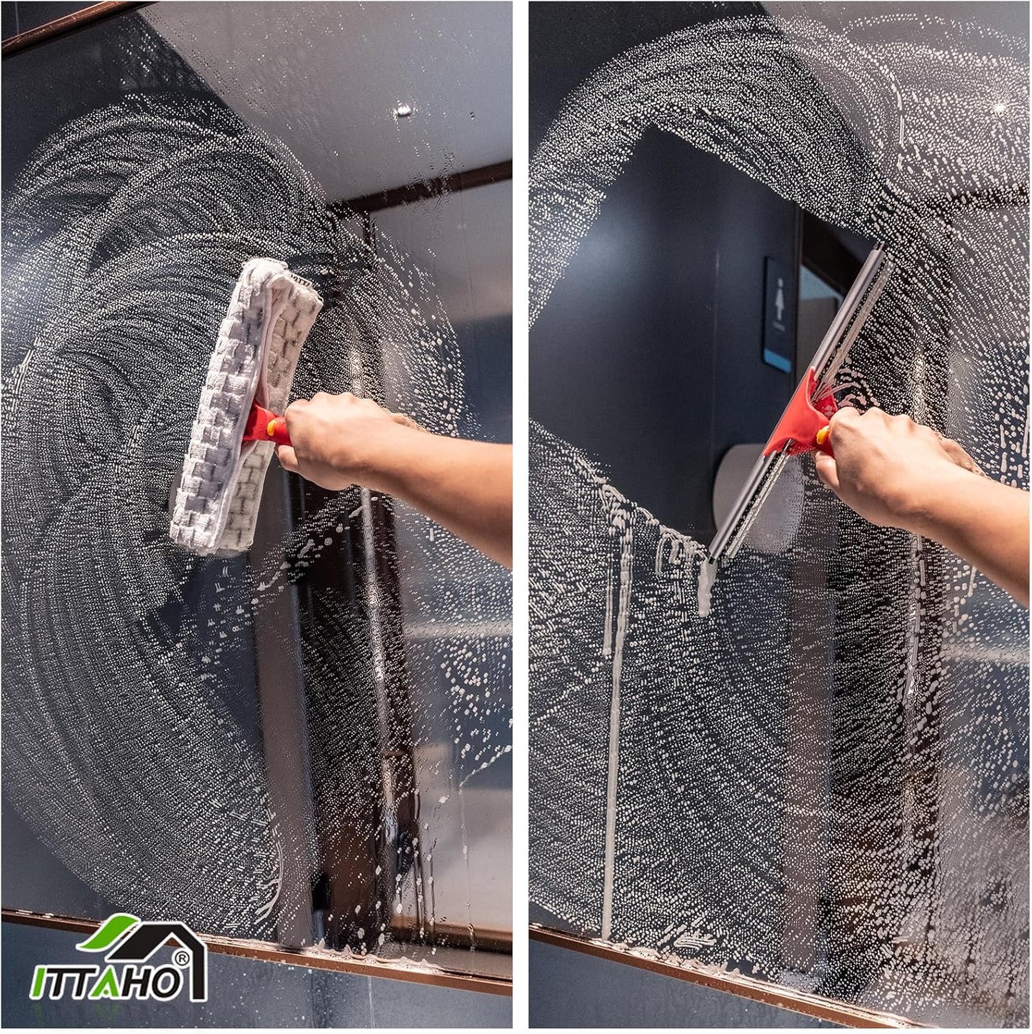 ITTAHO Squeegee for Window Cleaning, 12" Squeegee and 11" Microfiber Scrubber Combi with Stainless Steel Pole, Extendable Window Cleaner for Car, Sliding Door, Shower Glass Door-Swivel Style-2 Pads