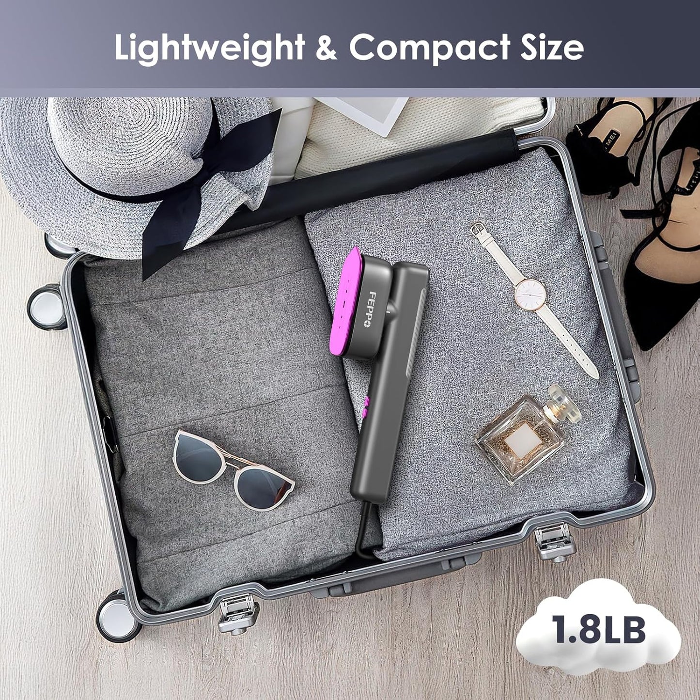 FEPPO Travel Steamer for Clothes, 110-240V Dual Voltage Portable Steamer & Iron 2 in 1, Fast Heat Up, 1100W Powerful Garment Steamer, Large Ceramic Heat Panel for Home & Global & Europe Traveling