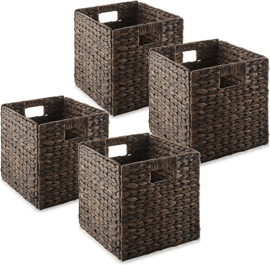 Casafield 10.5" x 10.5" Water Hyacinth Storage Baskets, Espresso - Set of 4 Collapsible Cube Organizers, Woven Bins for Bathroom, Bedroom, Laundry, Pantry, Shelves
