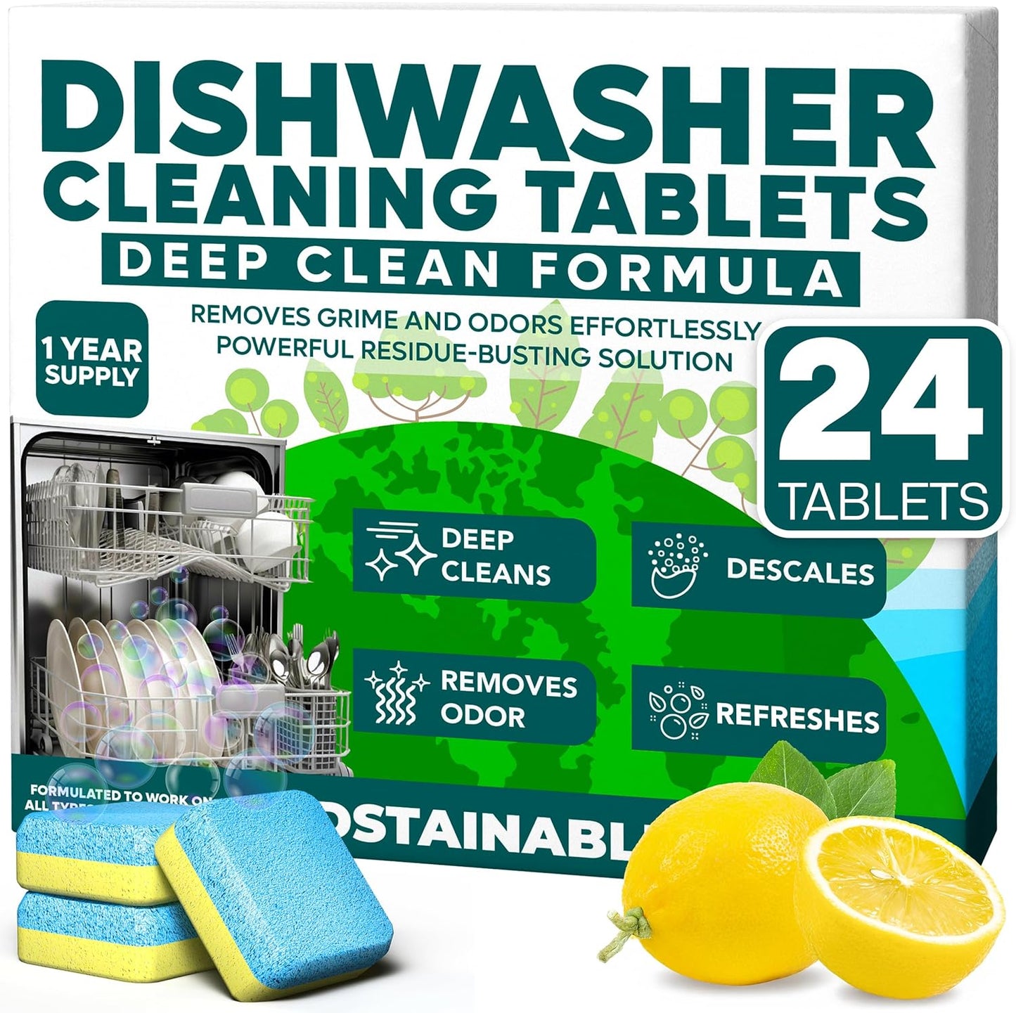 Sudstainables Dishwasher Cleaner and Deodorizer Tablets, 24 Pack – Dishwasher Cleaning Tablets for Odor and Buildup Removal, Descaler - 1-Year Supply