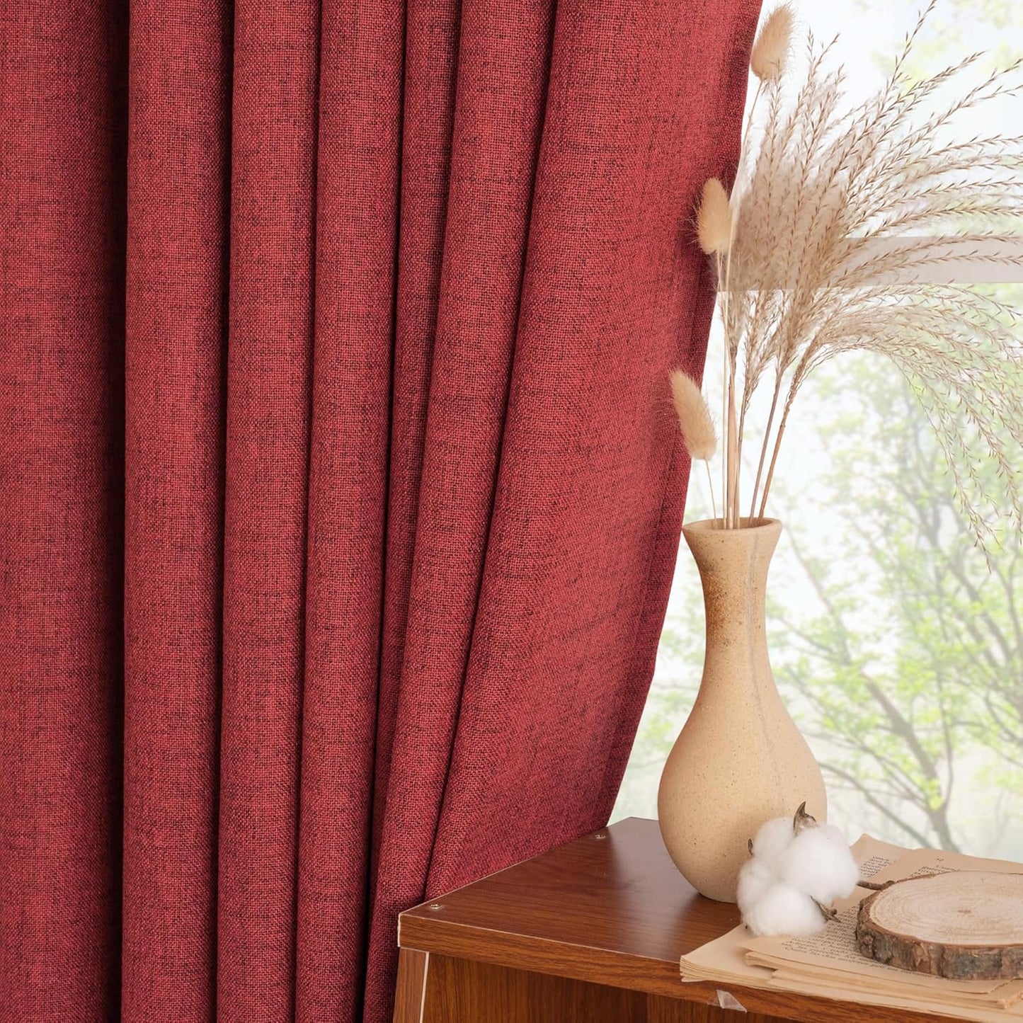 YoungsTex Red Linen Semi Sheer Curtains 84 Inch Length for Living Room 2 Panels Set, Christmas Light Filtering Window Treatments Drapes with Rod Pocket Back Tab for Bedroom Dining, 52 X 84 Inch