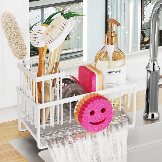 Sponge Holder for Kitchen Sink,Smiley Face Sink Caddy with Removable Brush Holder,Self-Draining Sponge Caddy for Sponge,Soap,Dish Brush,Scrubber,Kitchen Essentials and Gadgets-White