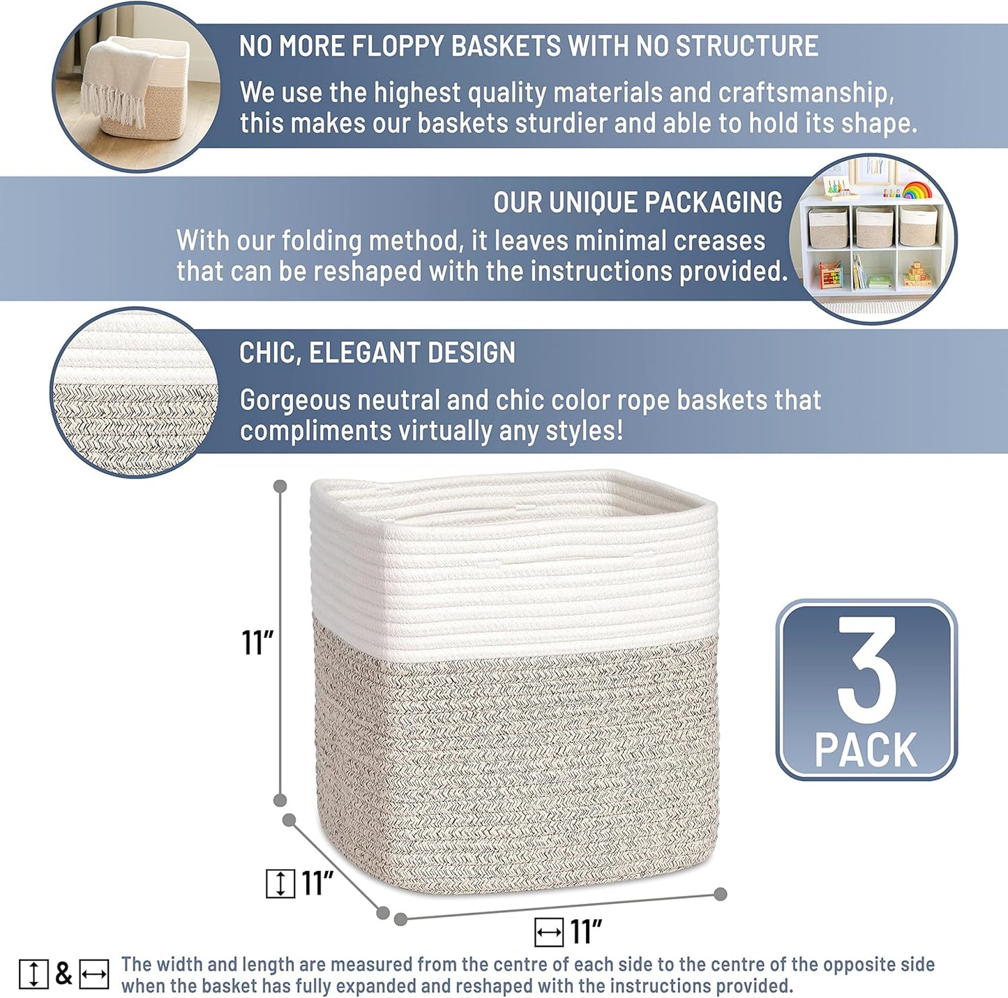 NaturalCozy Storage Cubes 11 Inch Cotton Rope Woven Baskets for Organizing, 3-Pack | Cube Bin Square Shelves Organizer, Classroom, Kids Toy Bins, Closet, Baby Nursery