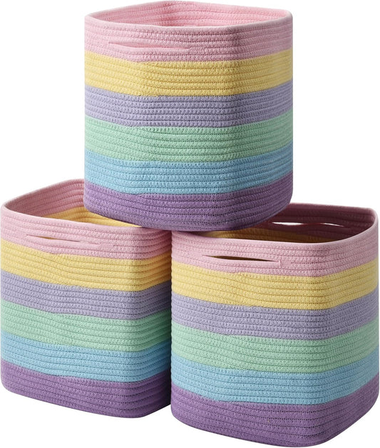 3 Pack Storage Cubes 11 Inch Cotton Rope Woven Baskets for Organizing Cube Bin Square Shelves Organizer,Classroom,Kids Toy Bins,Closet,Baby Nursery(Light Rainbow)