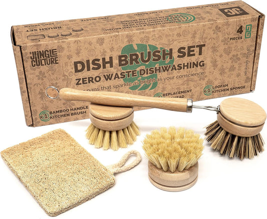 Jungle Culture 4 Piece Bamboo Dish Brush Set for Washing Up • Long Lasting Wooden Dish Brush with 3 Replacement Heads & Loofah Sponge Scourer • Eco Friendly Wooden Scrub Brush for Pots, Pans & Dishes
