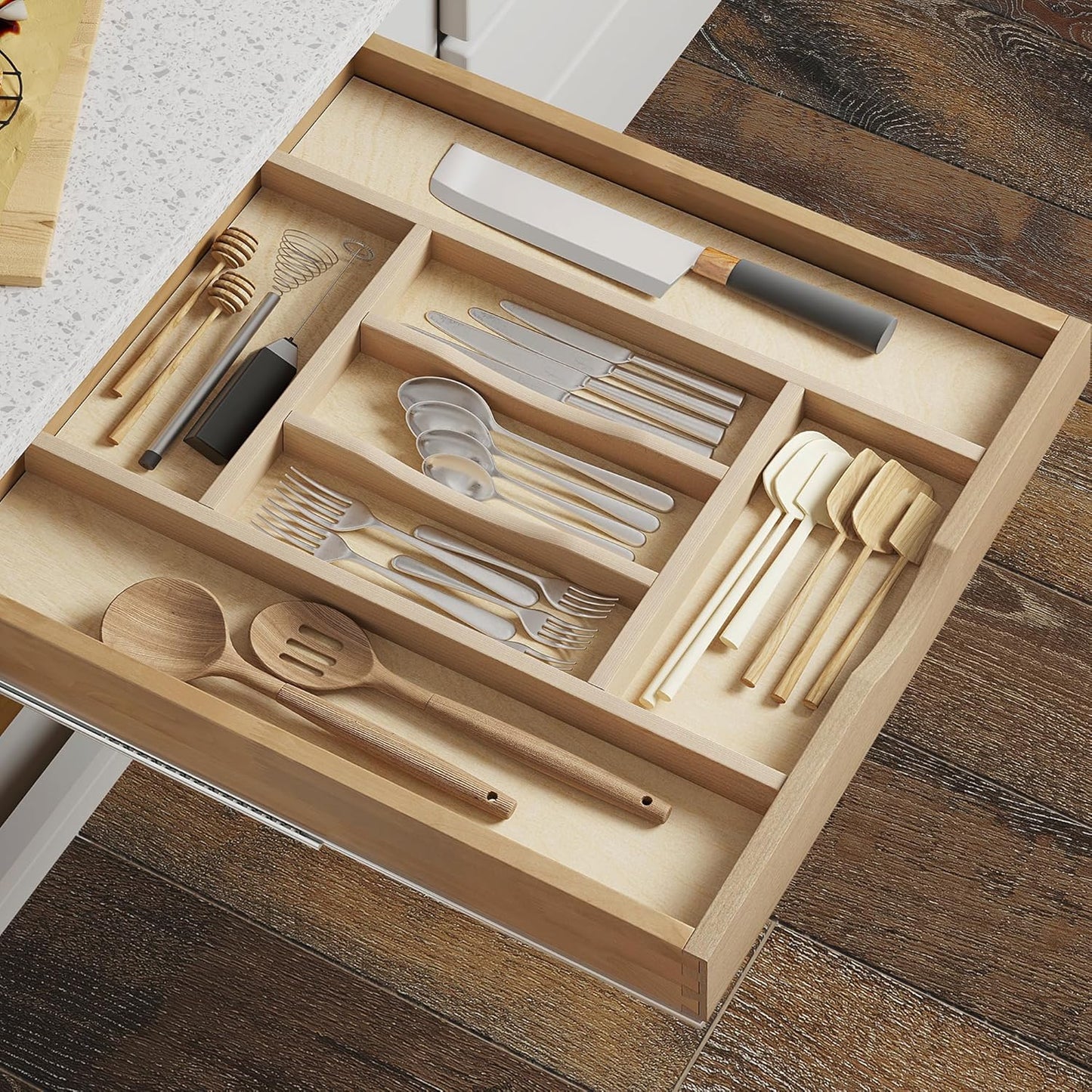 WelFurGeer Premium Wooden Silverware Organizer for Kitchen Drawers, Utensil Tray for Kitchen Drawer, Cutlery Drawer Organizer for Forks, Spoons, Knives - Sturdy Birchwood, Natural Finish