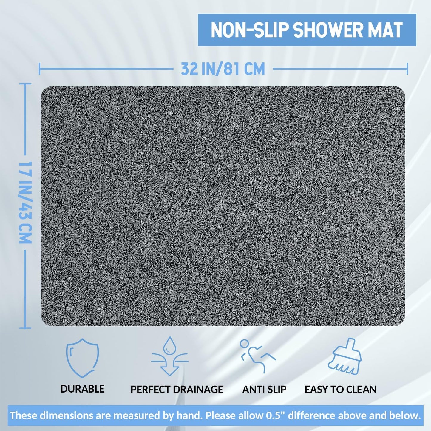 Non Slip Bathtub Mat, Anti Slip Shower Mat, Quick Drying Bath Tub Mats, Foot Scrubber Mat, Anti Slip Mat for Tub, Floor, Bathroom, Home, Kitchen, Hotel (Grey 32”x17”)