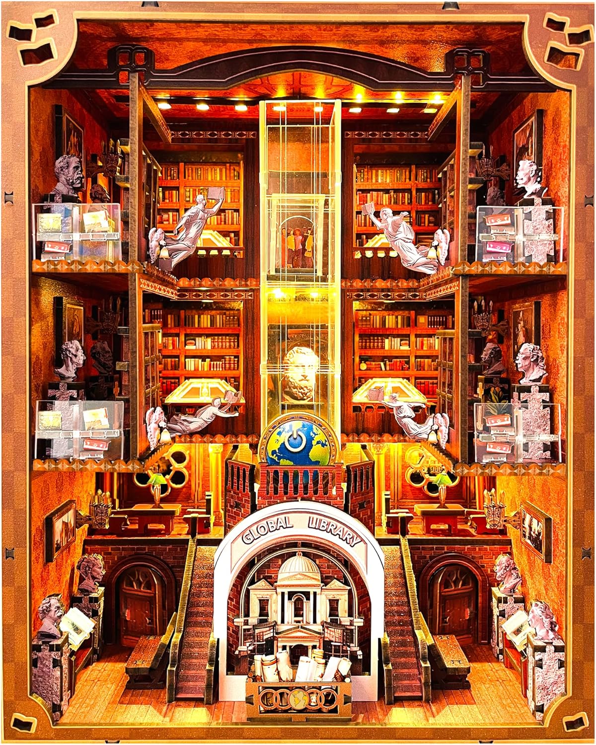 Book Nook Kit, Global Library Booknook with LED Light, DIY Miniature Dollhouse, Dual Power Options (Battery/Type-C), Unique Bookshelf Decor, Gift for Adults and Teens