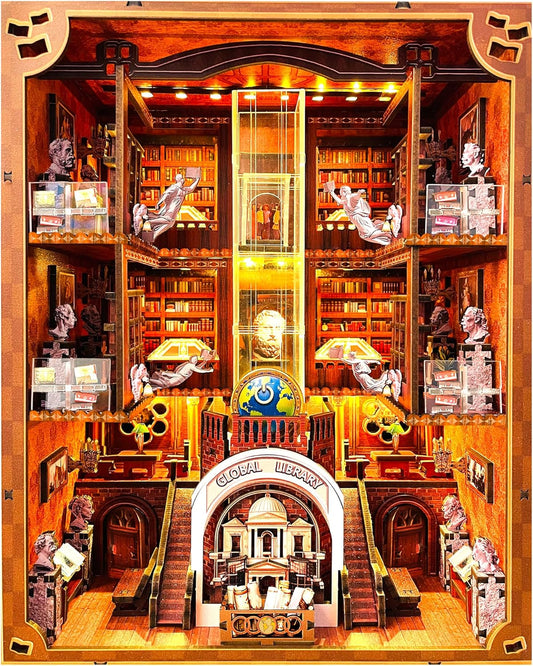 Book Nook Kit, Global Library Booknook with LED Light, DIY Miniature Dollhouse, Dual Power Options (Battery/Type-C), Unique Bookshelf Decor, Gift for Adults and Teens