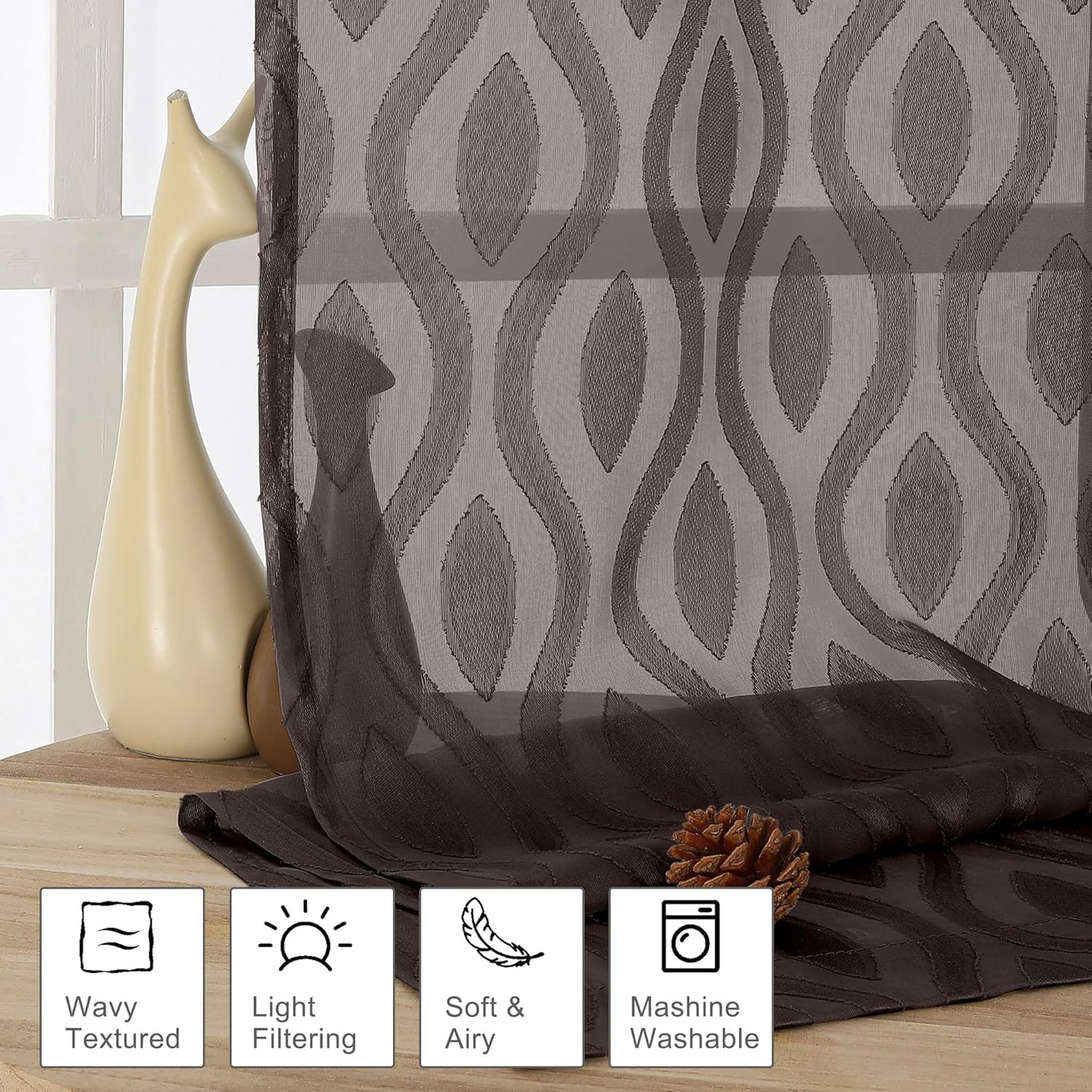 Aiyufeng Sheer Curtains 63 Inch Length 2 Panels Set, Solid Brown Light Filtering Voile Window Treatments for Bedroom Living Room, Modern Wavy Line Textured, 40" W X 63" L