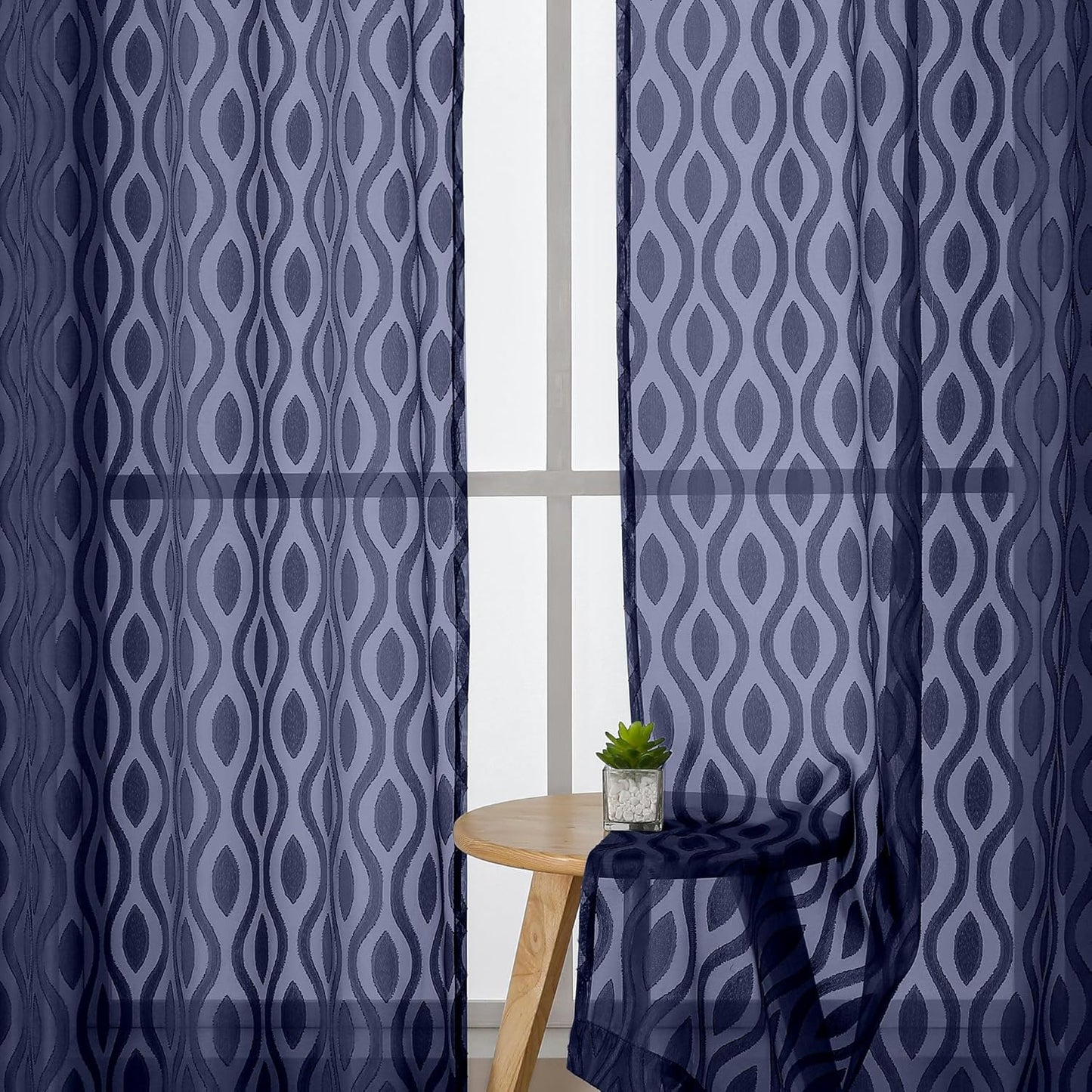 Aiyufeng Blue Valances for Windows, Chic Wavy Line Clip Jacquard Voile Sheer Small Window Curtain for Basement Small Curtains, Lightweight Rod Pocket Short Curtains for Windows, 2 PCS, 40Wx14L Inches