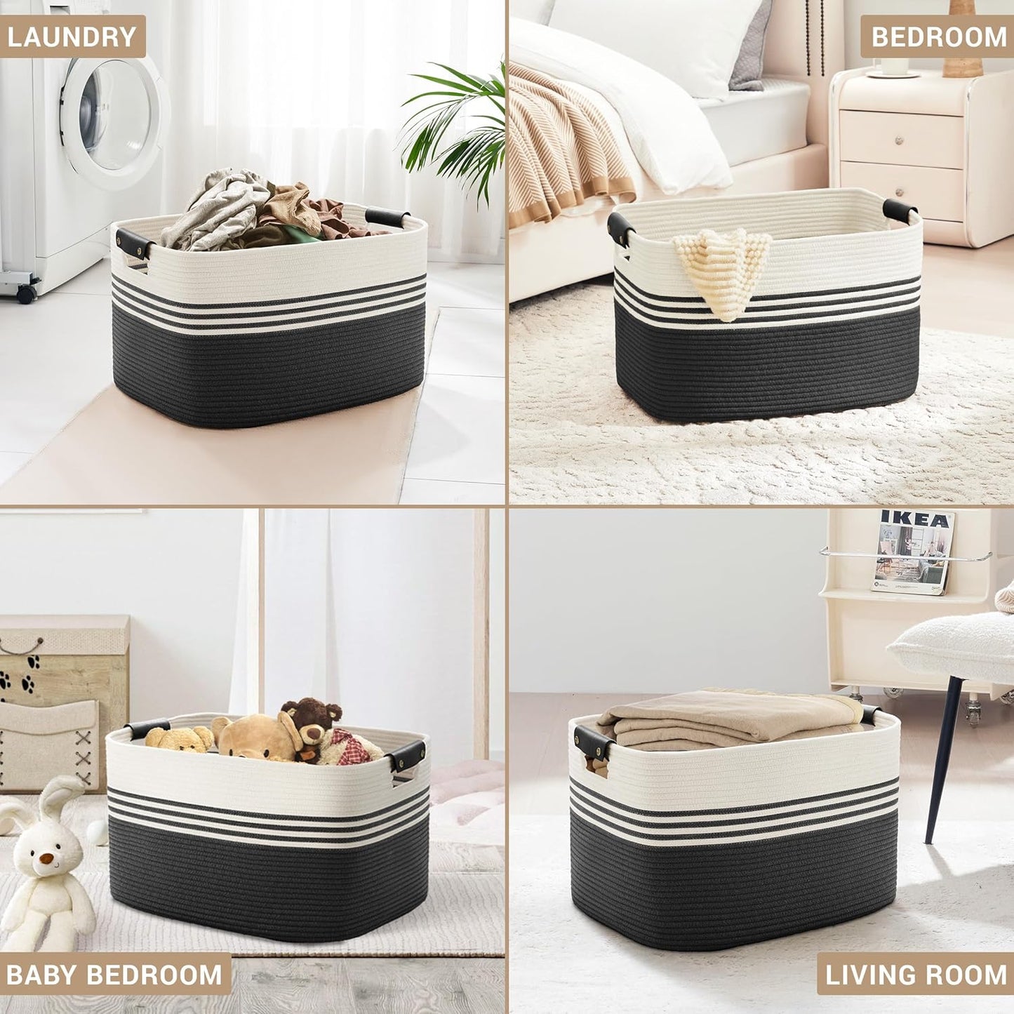 86L Extra Large Laundry Basket with Leather Handles for Living Room Storage, Woven Rope Baskets for Blanket, Kids Toy, Gifts, Wicker Hamper for Bedroom Dirty Clothes, 24"x16"x14" White Black