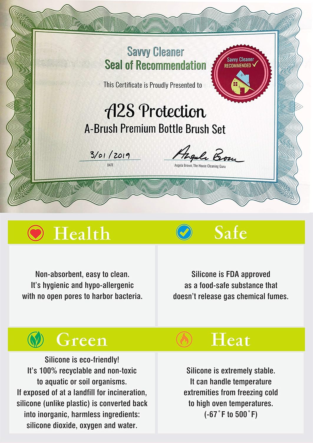 A-Brush Silicone Bottle Cleaner Brush, Flexible, Long Handle - Water Bottle Cleaner, Baby Bottle Nipple Brush for Plastic & Glass, BPA-Free Dish Washing Brush A2S Protection