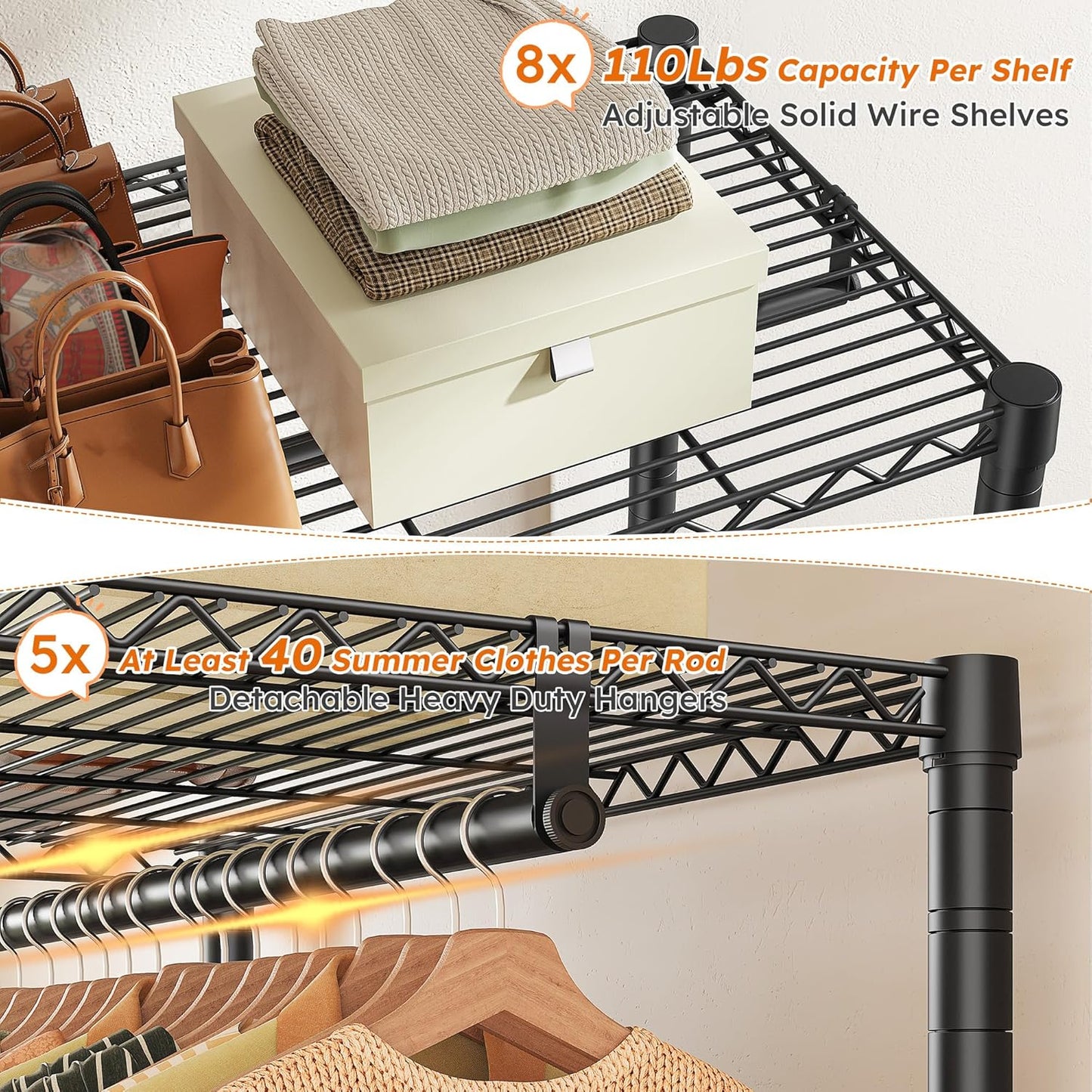 Raybee Clothes Rack,Clothing Racks for Hanging Clothes Heavy Duty,Adjustable Garment Rack with Shelves,Clothing Rack Max Load 905LBS,75" W x 77" H x 17.8" D,Black