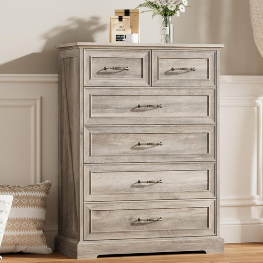 6 Drawer Dresser for Bedroom, 43" Tall Wooden Chest of Drawers, Rustic Farmhouse Dresser with Large Drawers & Metal Handles, Modern Storage Organizer for Closet, Living Room, Hallway, Grey
