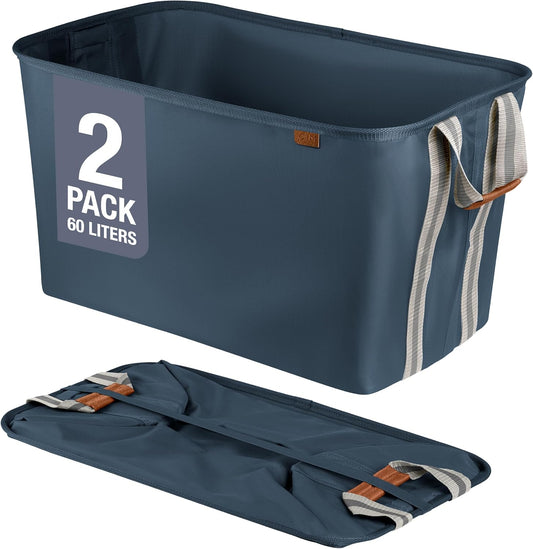 CleverMade Collapsible Laundry Basket Hamper - LUXE Navy Noir Cream 2Pack 60L - Space Saving Storage Organizer with Handles Foldable Home Organization