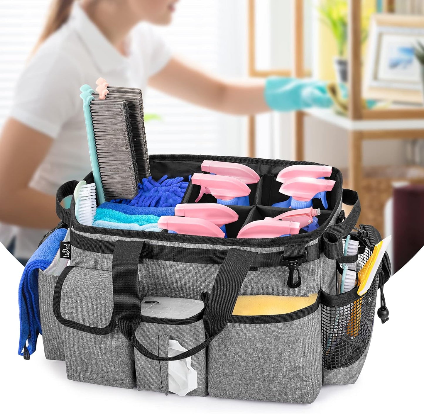 LoDrid Large Wearable Cleaning Caddy Bag with Detachable Divider, Cleaning Organizer with Handles, Cleaning Supply Tote with Adjustable Shoulder Strap for Cleaners & Housekeepers, Grey