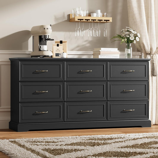 9 Drawer Dresser for Bedroom, 63" Wide Wooden Chest of Drawers, Rustic Farmhouse Dresser with Large Drawers & Metal Handles, Modern Storage Organizer for Closet, Living Room, Hallway, Black