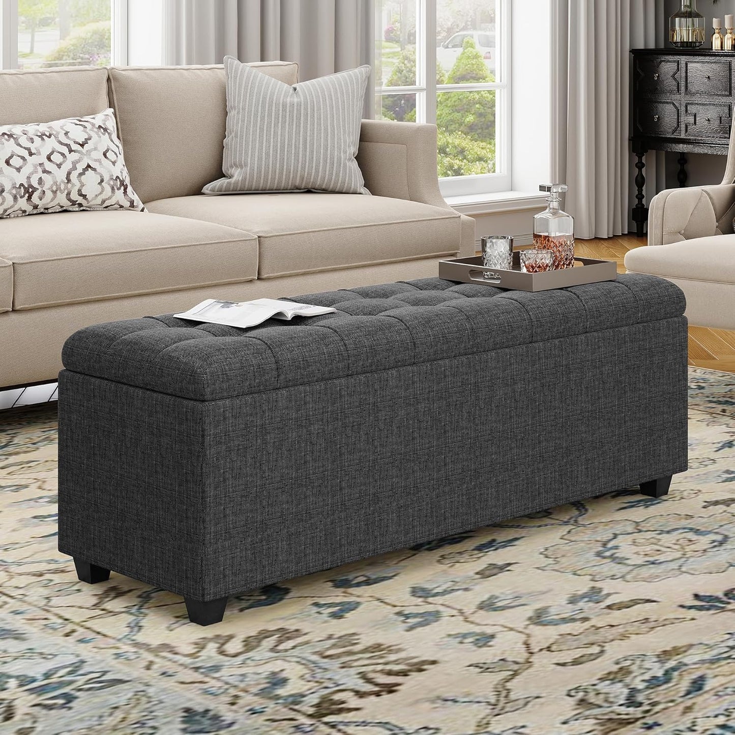 Ottoman with Storage 38 inches, Furniture End of Bed Storage Benches, Long Ottomans Bench with hinged lid, Bench seat Trunk for Foot Rest in Bedroom, Living Room (Dark Grey)