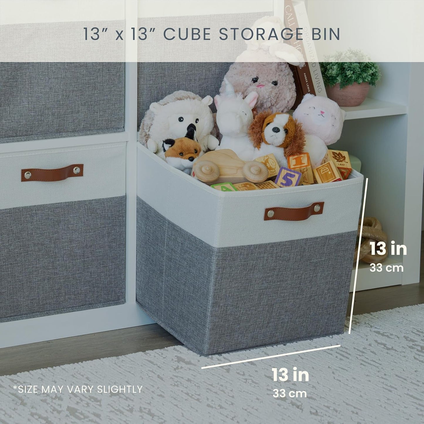 OrganiHaus 13x13 Cube Fabric Storage Bins Set of 4, Fabric Storage Cubes w/ Vegan Handles, 13 inch Collapsible Bins for Clothes & Toys Organizer, Cubbies Organizer, 13x13 Basket for Decor - Grey/White