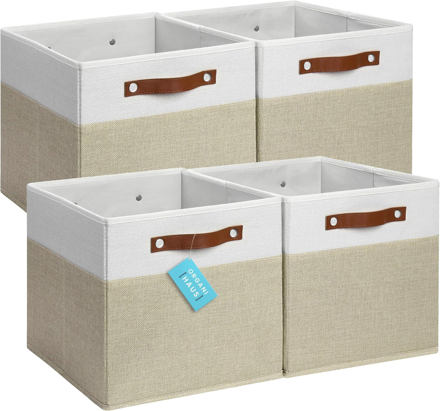 OrganiHaus 12x12 Fabric Storage Bins - Set of 4, Cube Fabric Organizer Bins with Vegan Handles, Kallax Storage Cubes, Cubbies Organizer Boxes, 12Inch Cubic Baskets for Shelves - Beige/White