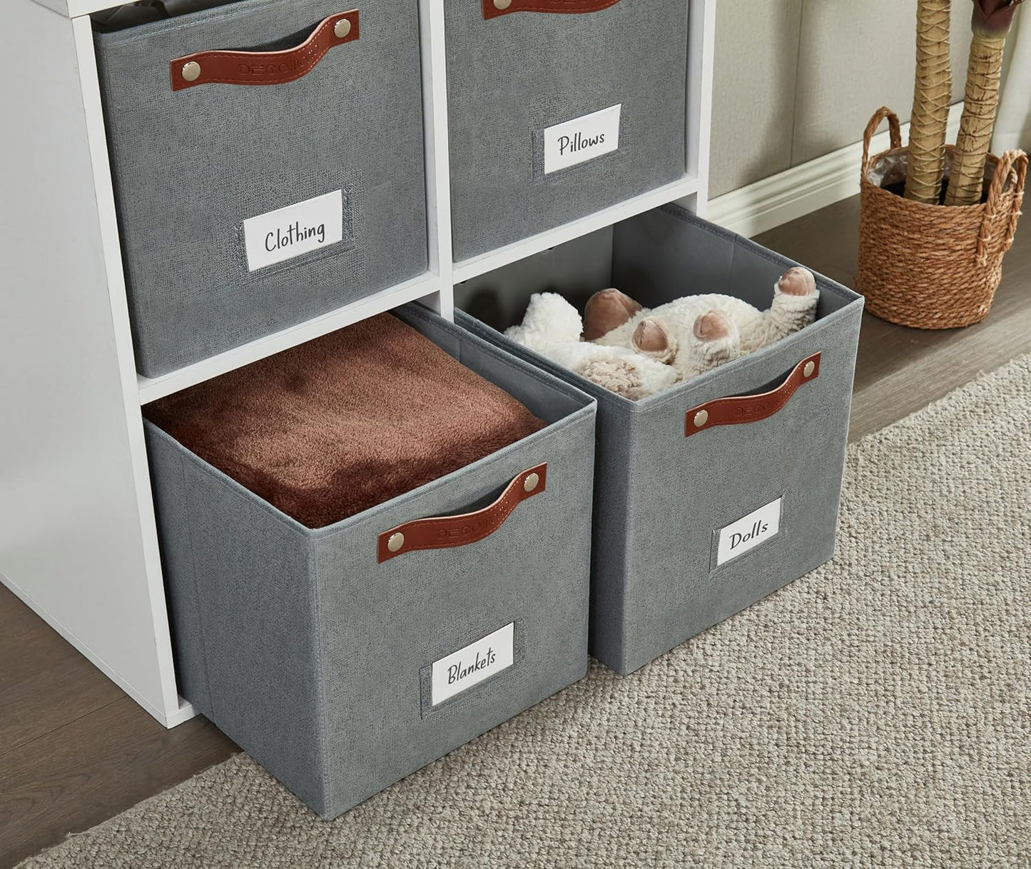 DECOMOMO Storage Bins, Cube Storage Bin with Labels, Fabric Storage Cubes for Shelves (11" / 6pcs, Texture Grey)