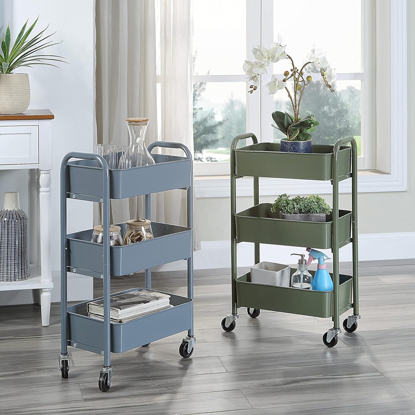 SunnyPoint 3-Tier Delicate Compact Rolling Metal Storage Organizer - Mobile Utility Cart Kitchen/Under Desk Cart with Caster Wheels - Blue (15.35" X 10.24" X 26.8"H)