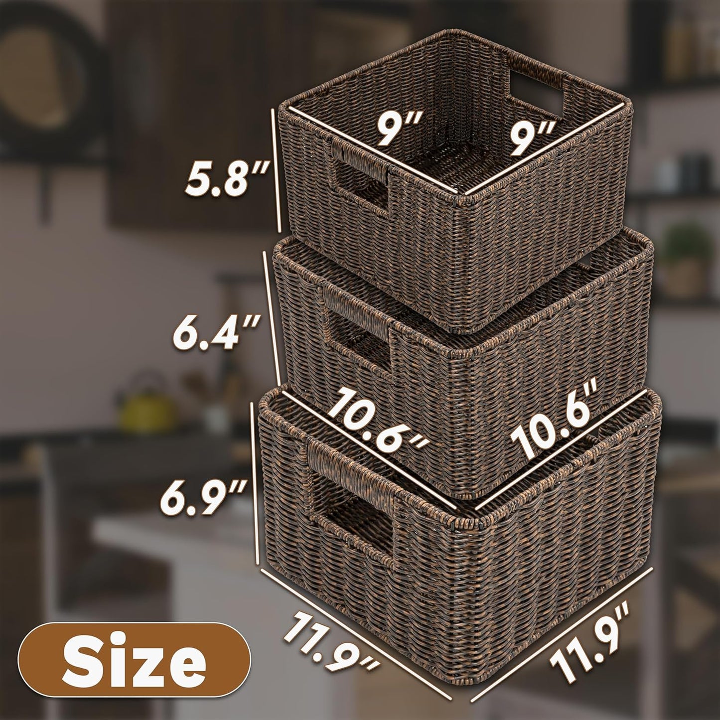 myHomeBody Wicker Storage Basket, Storage Cubes, Woven Baskets for Organizing, Resin Wicker Set of 3, Rustic Brown