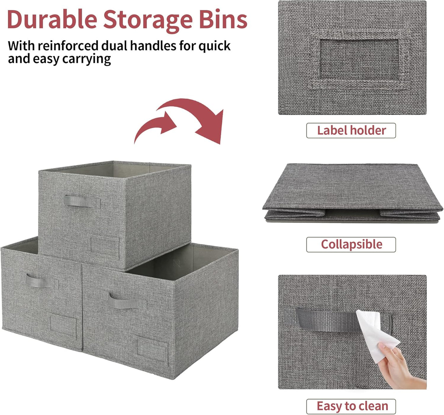 GRANNY SAYS Closet Organizers and Storage, Fabric Storage bins with Label Holder, Shelf Baskets for Organizing Bedroom, Decorative Storage Containers for Wardrobe, Dark Gray, Extra Large, 3-Pack