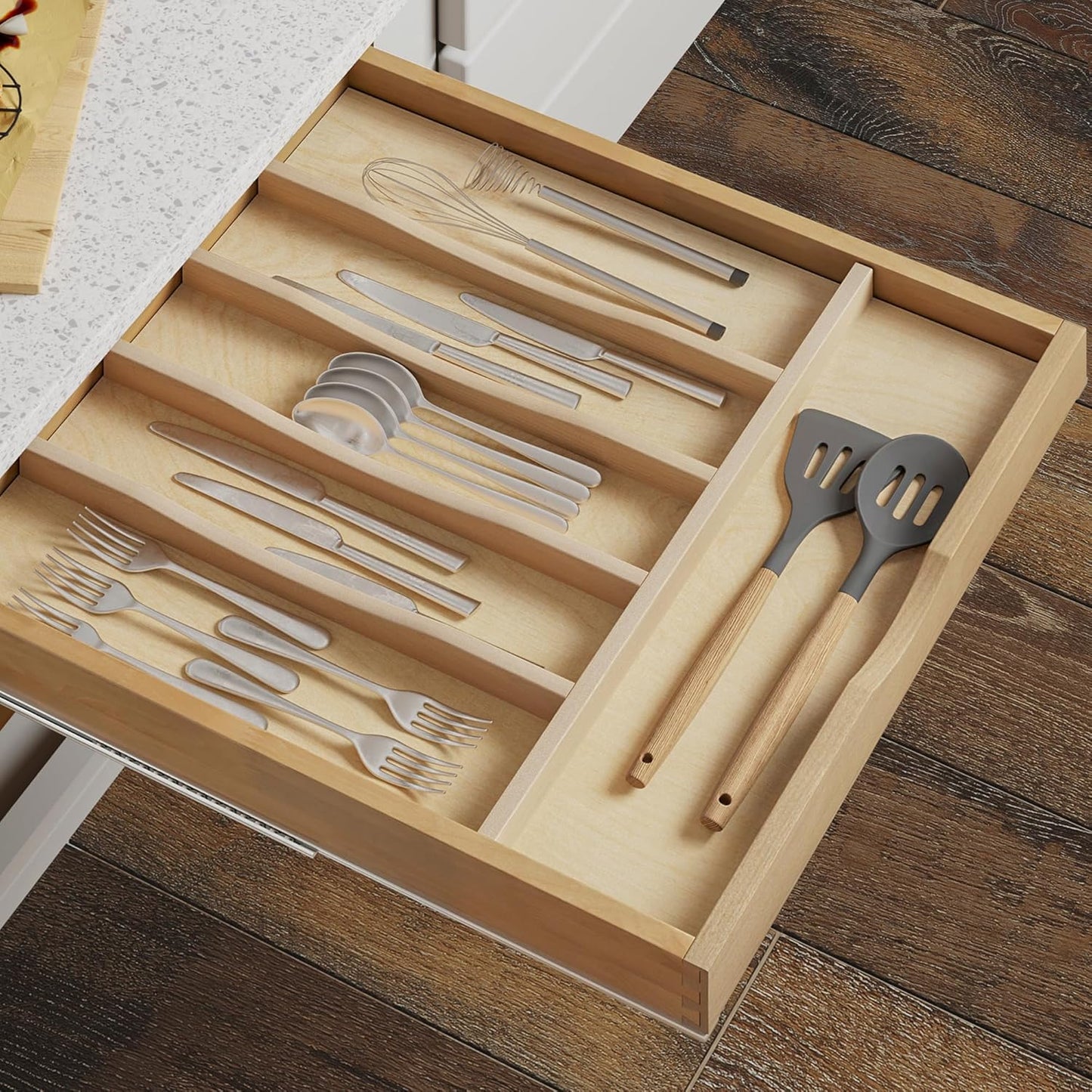 WelFurGeer Solid Birch Wood Silverware Drawer Organizer, Wooden Cutlery Drawer Organizer, Utensil Tray for Kitchen Drawers, Kitchen Utensil Organizer for Silverware, Flatware, Spoons, Forks, Knives