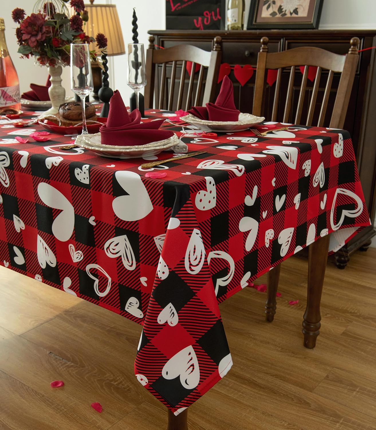 Red Gingham Plaid Love Heart Tablecloth - Valentines Day Rectangular 58x102 Inch Water Resistant Table Cloth for Indoor/Outdoor Use - Holiday Table Cover for Kitchen, Picnics, and Parties