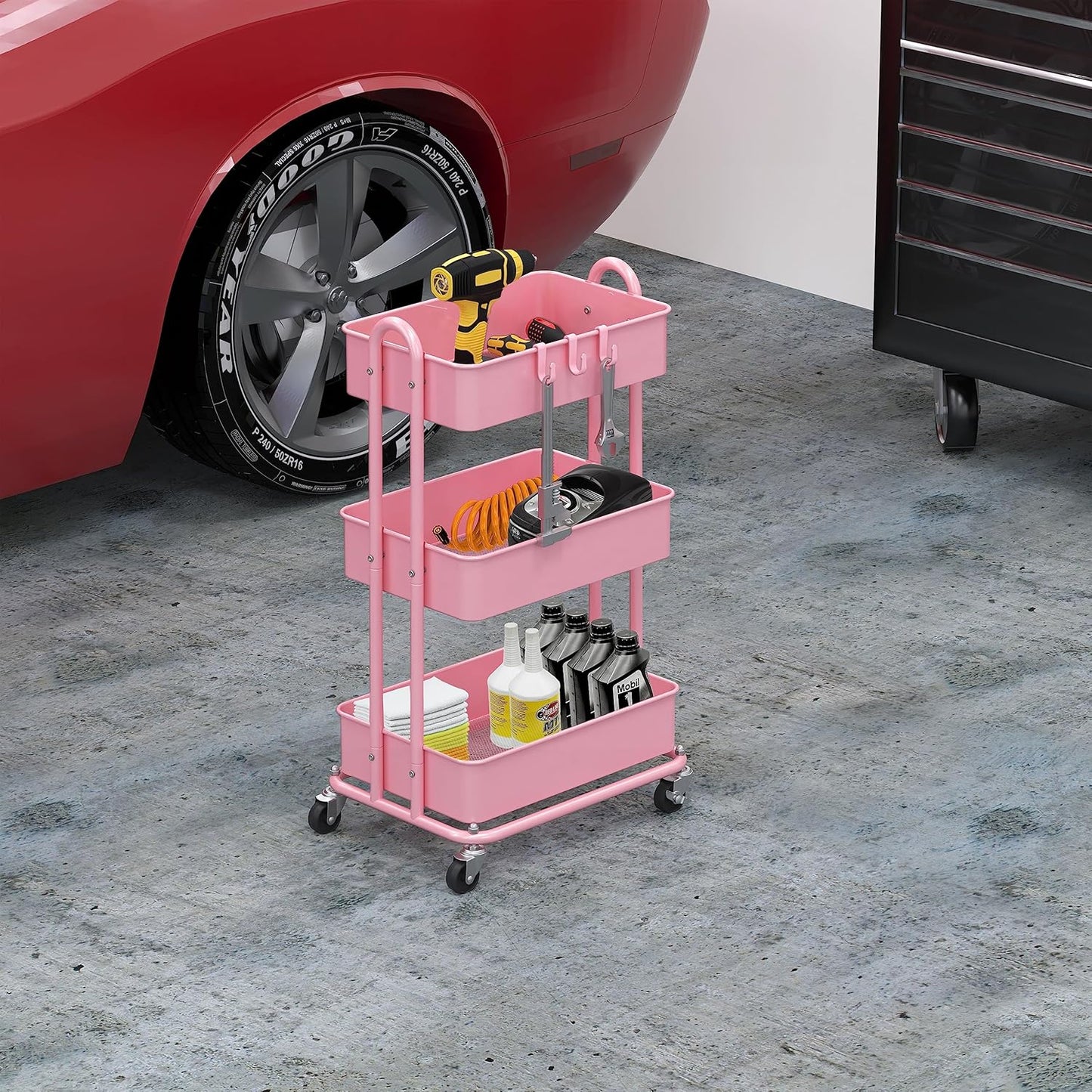 Simple Houseware 3-Tier Heavy Duty Metal Utility Rolling Cart, Pink