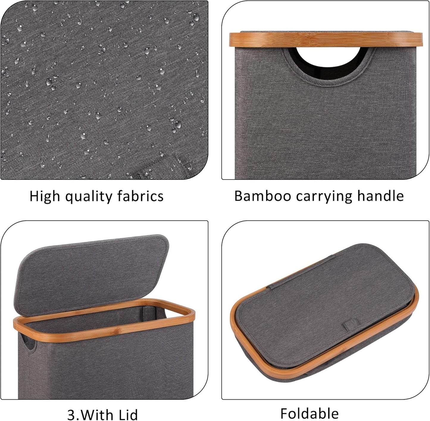 Slim Laundry Basket,60L Laundry Hamper with Lid, Tall Hamper for Laundry,Dirty Cloth Hamper with Bamboo Handle for Toys,Towels, Clothes Organizing,Grey