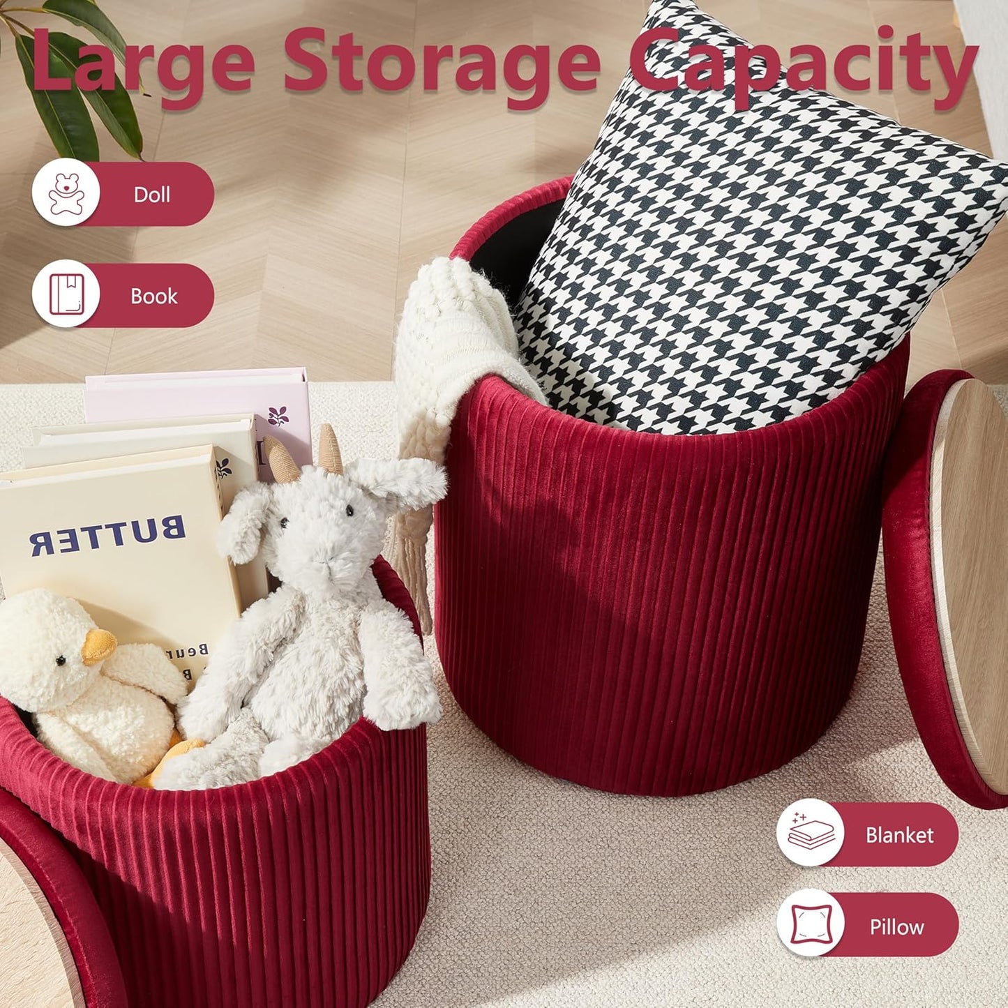 Royal Windsor Round Ottoman with Storage Set of 2,Vanity Stool with Storage for Bedroom, Ottoman Coffee Table,Small Velvet Foot Stool for Living Room, Burgundy