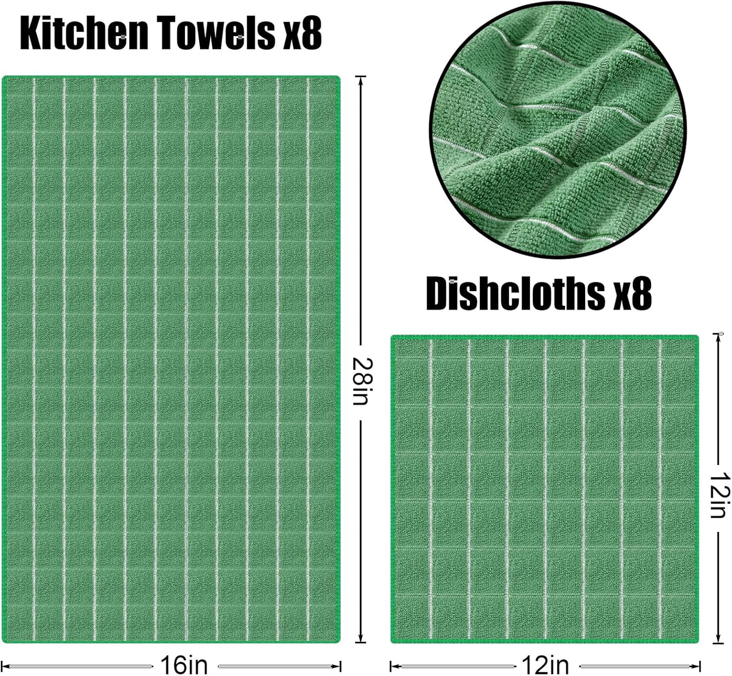 Homaxy Microfiber Kitchen Towels and Dishcloths Set, 16 Pack Soft and Absorbent Dish Hand Towels Bulk, 28 x 16 Inch & 12 x 12 Inch Quick Drying Rags for Washing Dishes, Grass Green