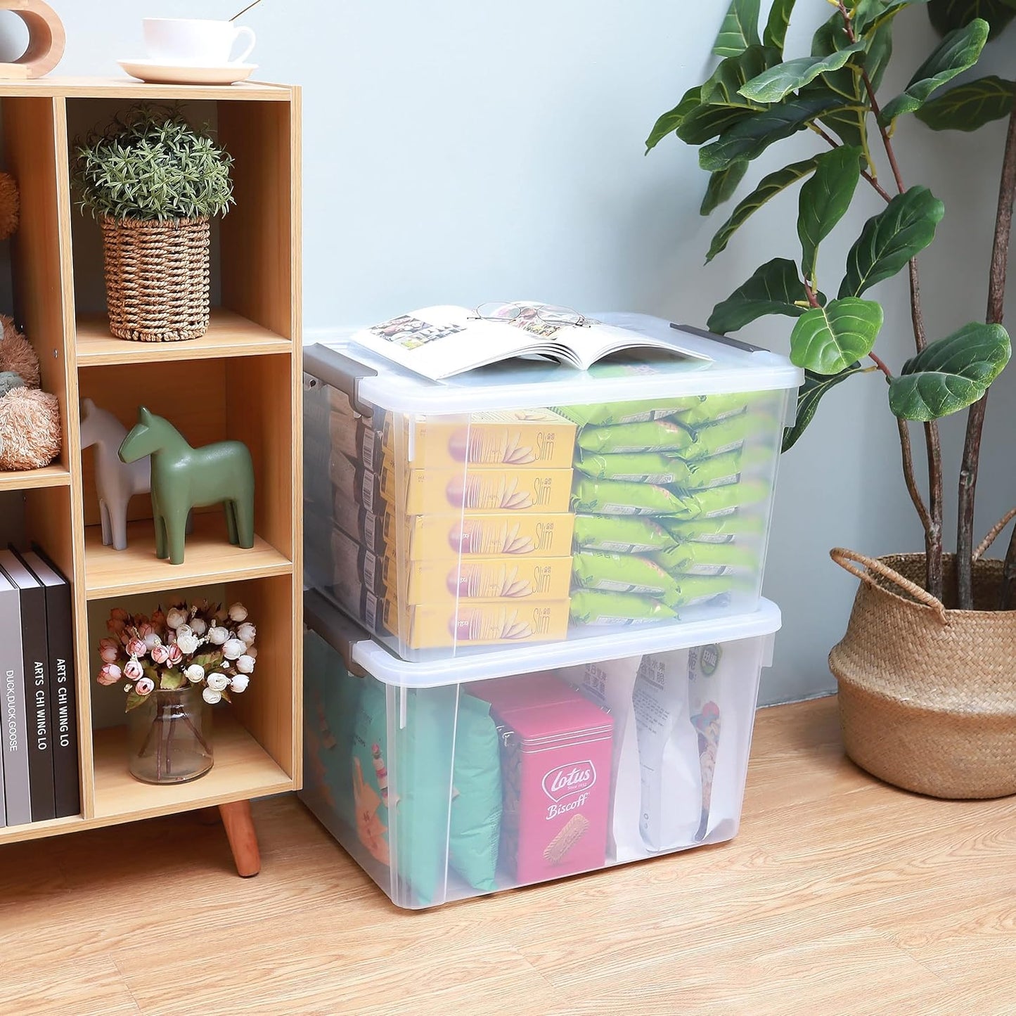 Citylife 58.1 QT Plastic Storage Bins with Latching Lids Stackable Storage Containers for Organizing Large Clear Storage Box for Garage, Closet, Kitchen, 8 Packs