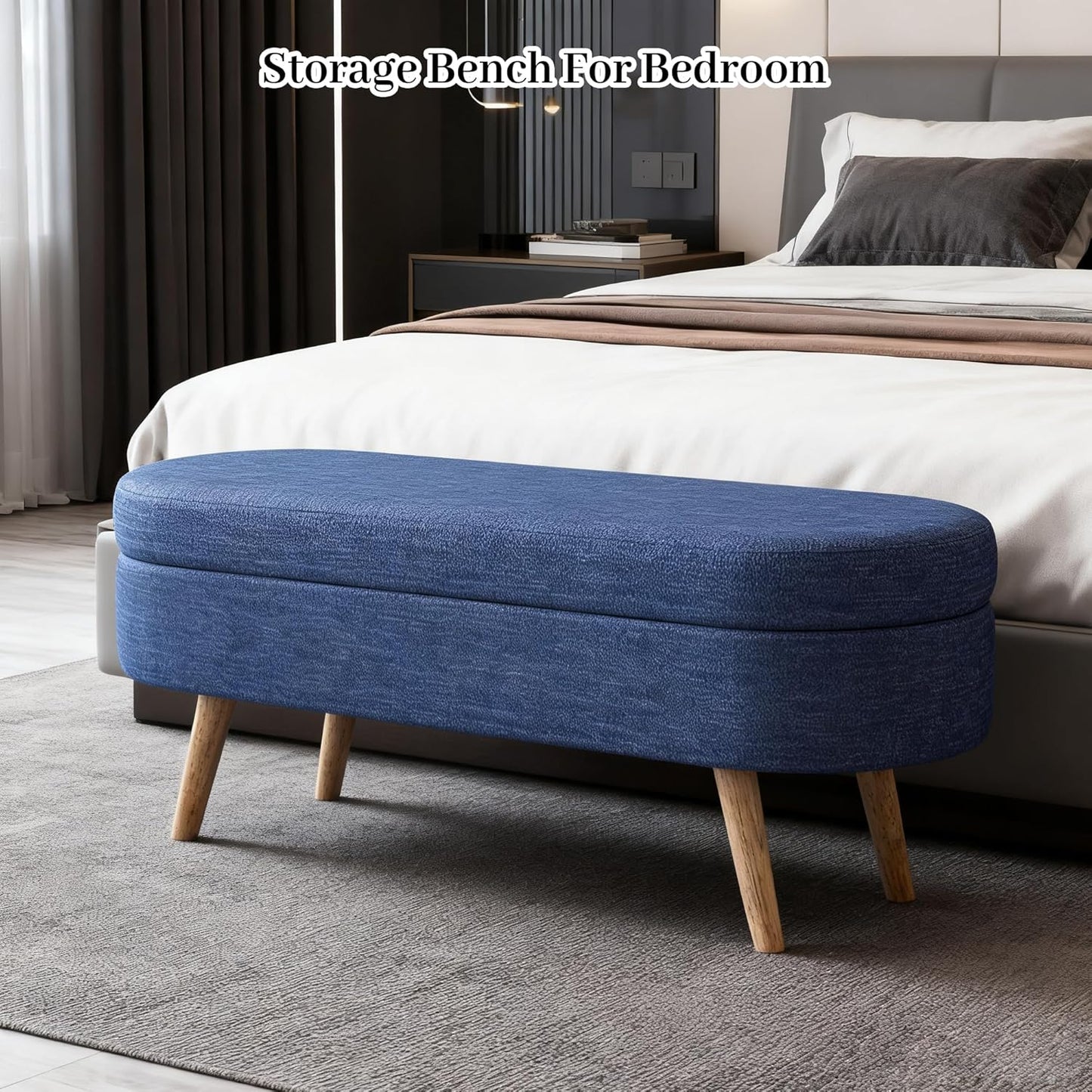 Storage Bench, 43" Storage Ottoman Bench, Shoe Storages Benches for Bedroom, Upholstered Entryway Benches with Seating, Rubber Wood Legs for Bedroom, Living Room, Entryway, Bed Side, Blue