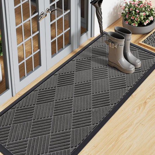 Smiry Front Door Mat Outside Entrance, Heavy Duty Outdoor Indoor Natural Rubber Doormat, Non Slip, Trap Dirt and Moisture, Easy Clean, Low Profile Patio Porch Entryway Mat, 47x17, Grey