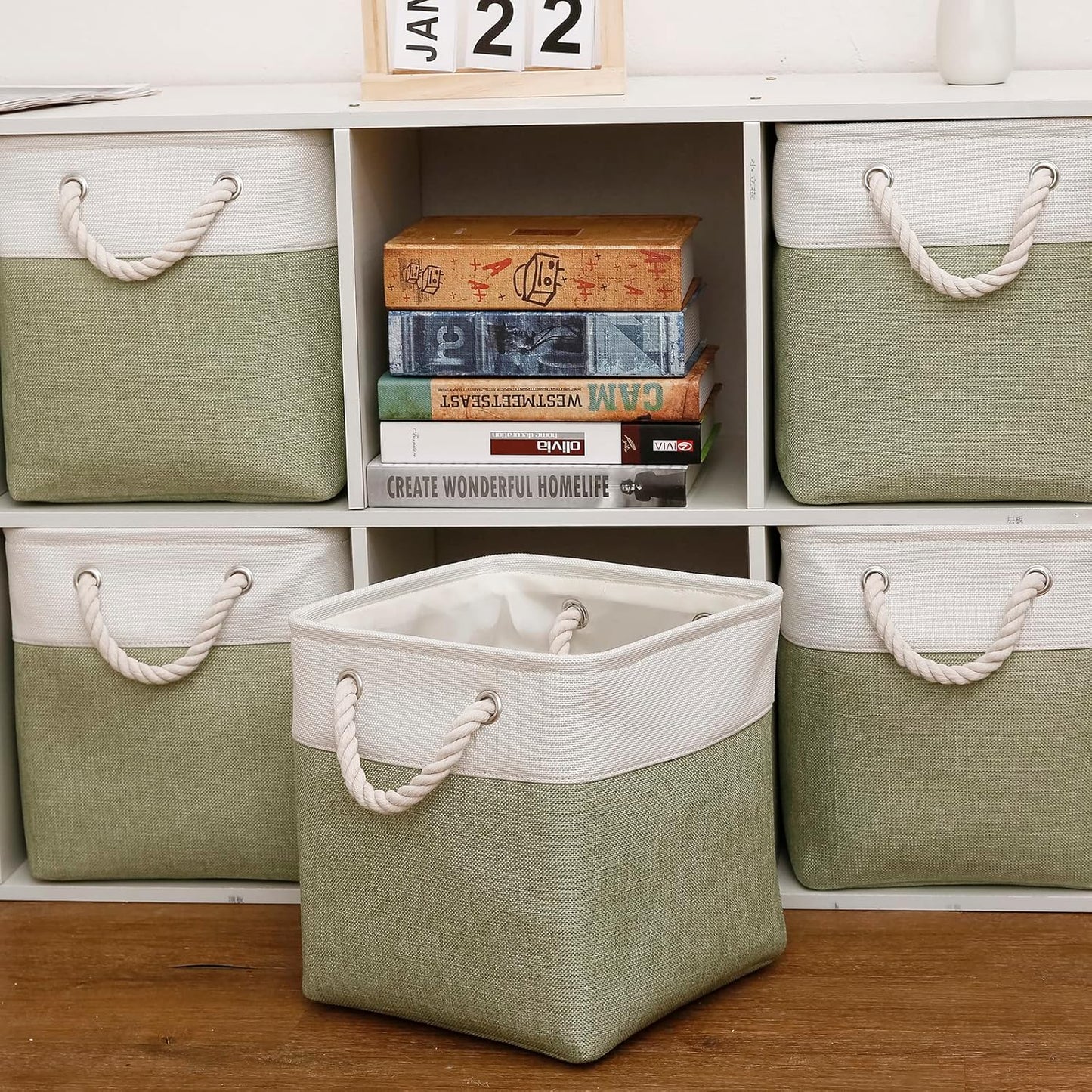 Cube Storage Bins, Collapsible Fabric Storage Cubes Bins, 11 Inch Cube Storage Bins with Handles, Foldable Storage Cubes (White/Green, 6Pack)