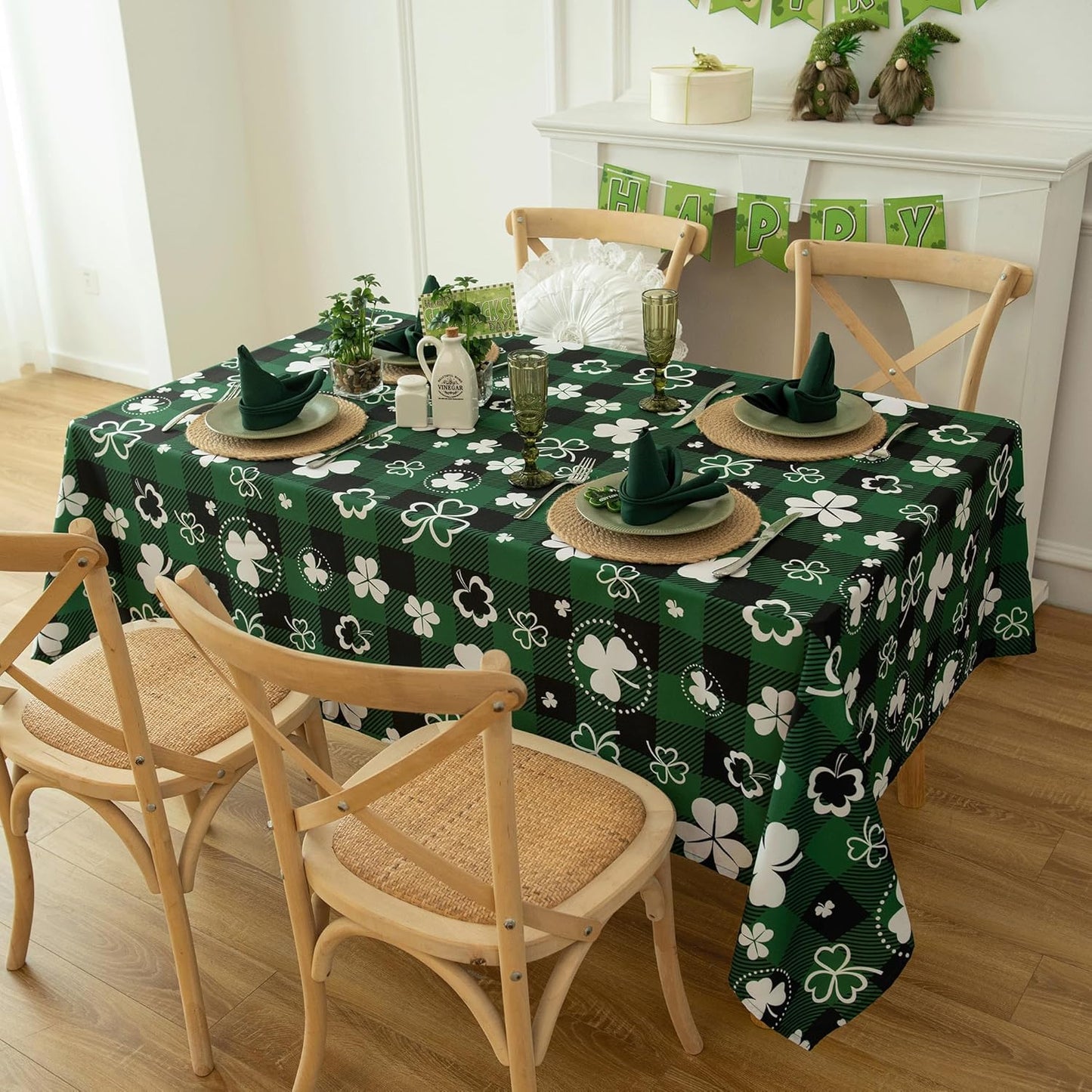 Green Waterproof Plaid St.Patrick Tablecloth Fabric - Square 58x58 Inch Classic Gingham Checker Holiday Table Cloth for Indoor Use - Lucky Shamrock Table Cover for BBQs, and Parties