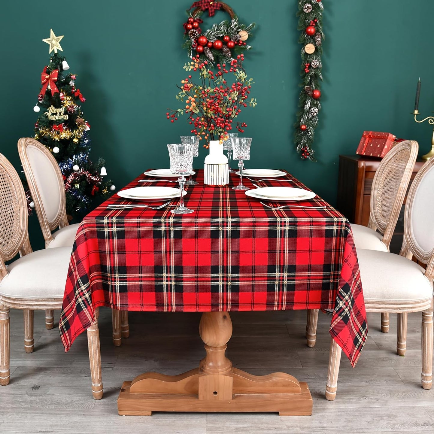 Red GinghamTartan Christmas Plaid Tablecloth - Rectangular 58x102 Inch Water Resistant Table Cloth for Indoor/Outdoor Use - Holiday Table Cover for Kitchen, Picnics, and Parties