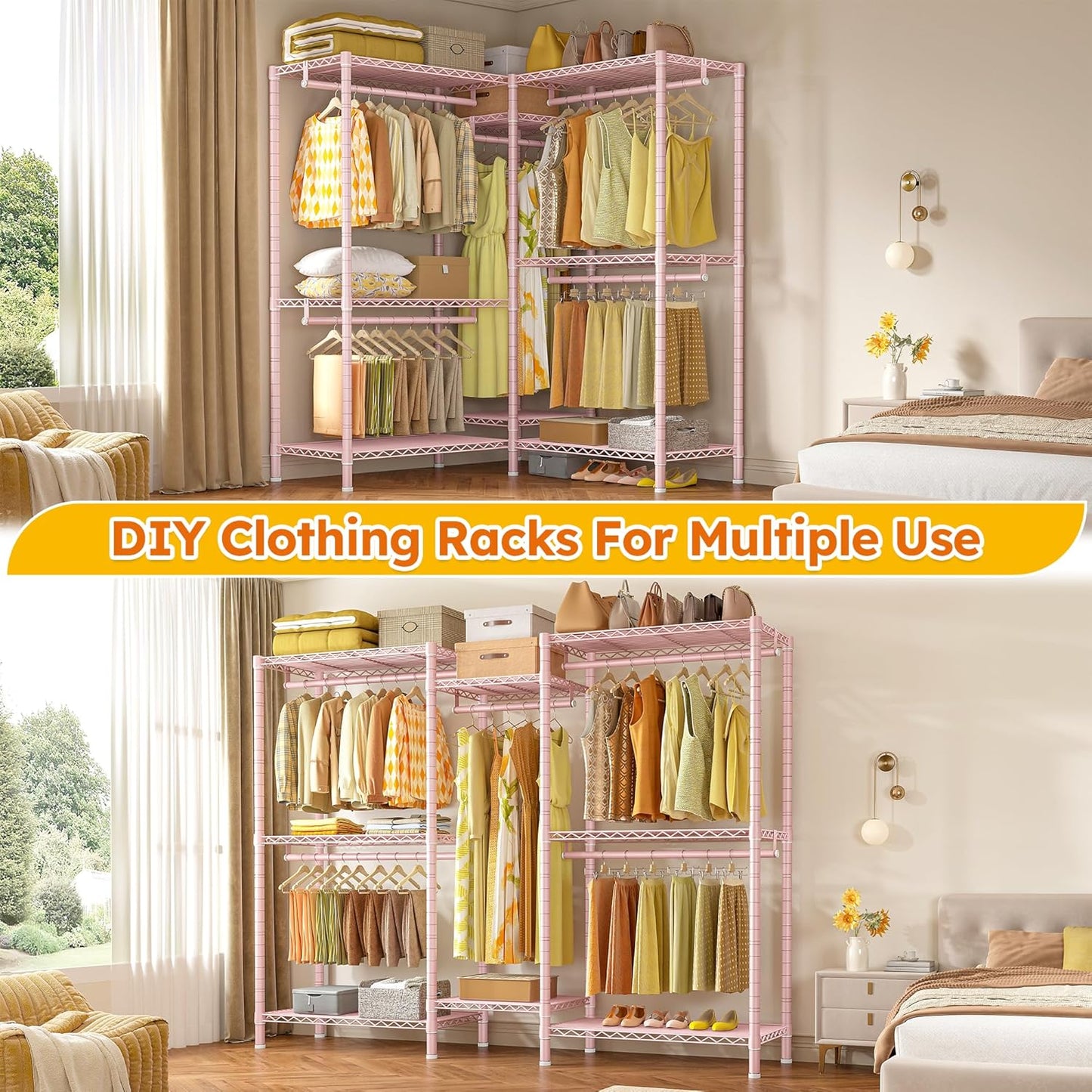 Raybee Clothes Rack,Clothing Racks for Hanging Clothes Heavy Duty,Adjustable Garment Rack with Shelves,Rolling Clothes Rack Max Load 905LBS,75" W x 77" H x 17.8" D Pink