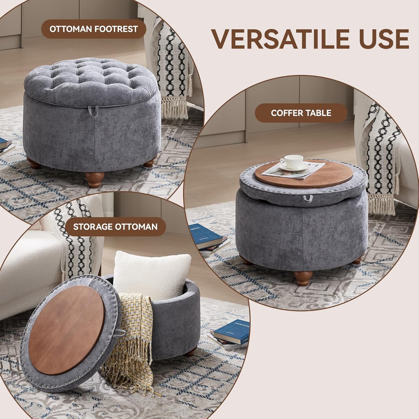 24Inch Round Storage Ottoman with Tray, Modern Tufted Circle Coffee Table with Storage, Upholstered Ottoman with Removable Top for Living Room, Bedroom, Chenille Blue