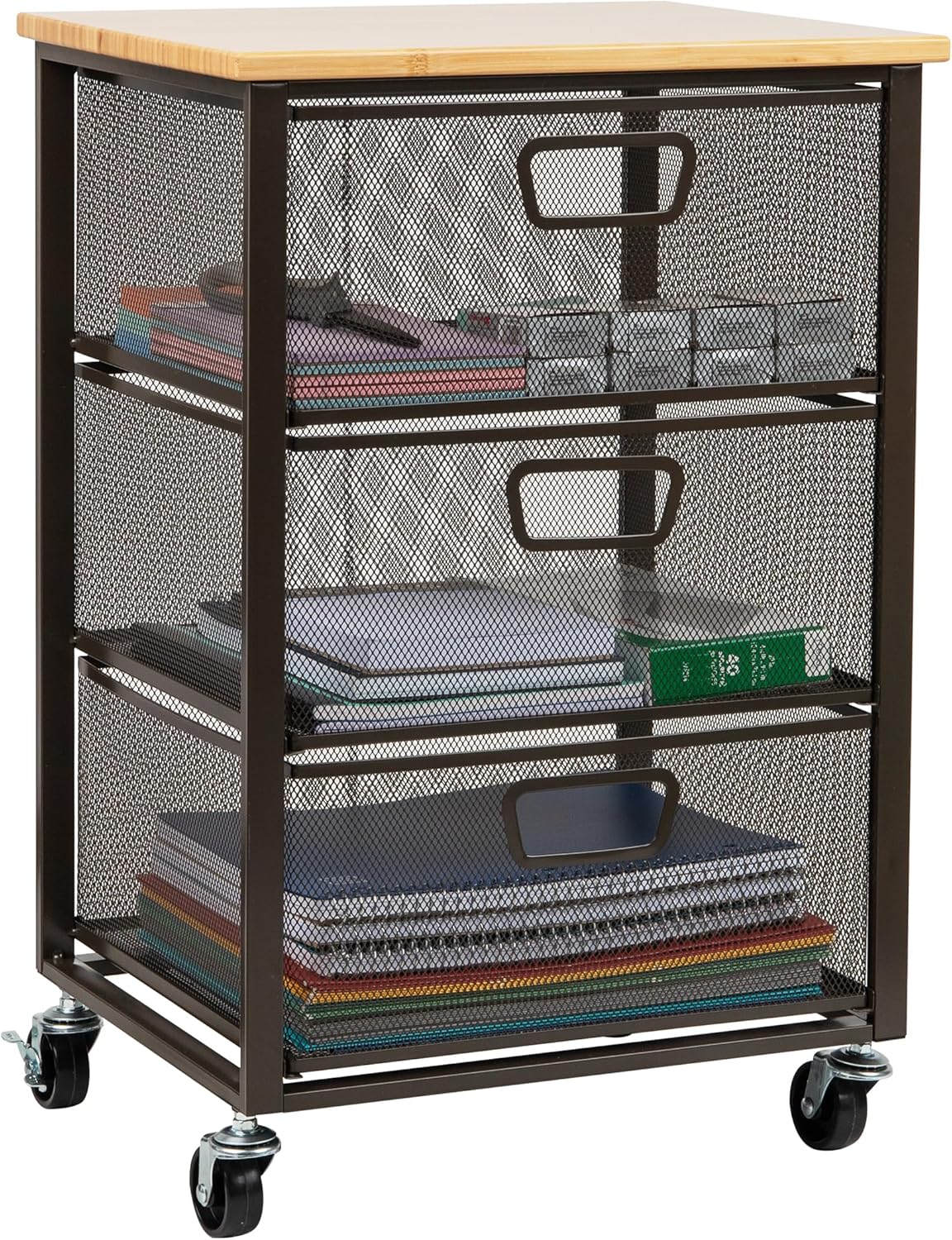 Mind Reader 3-Drawer Rolling Storage Cart, Office Organizer with Wood Top, Multipurpose Portable Cabinet with Wheels, Metal Mesh, Black