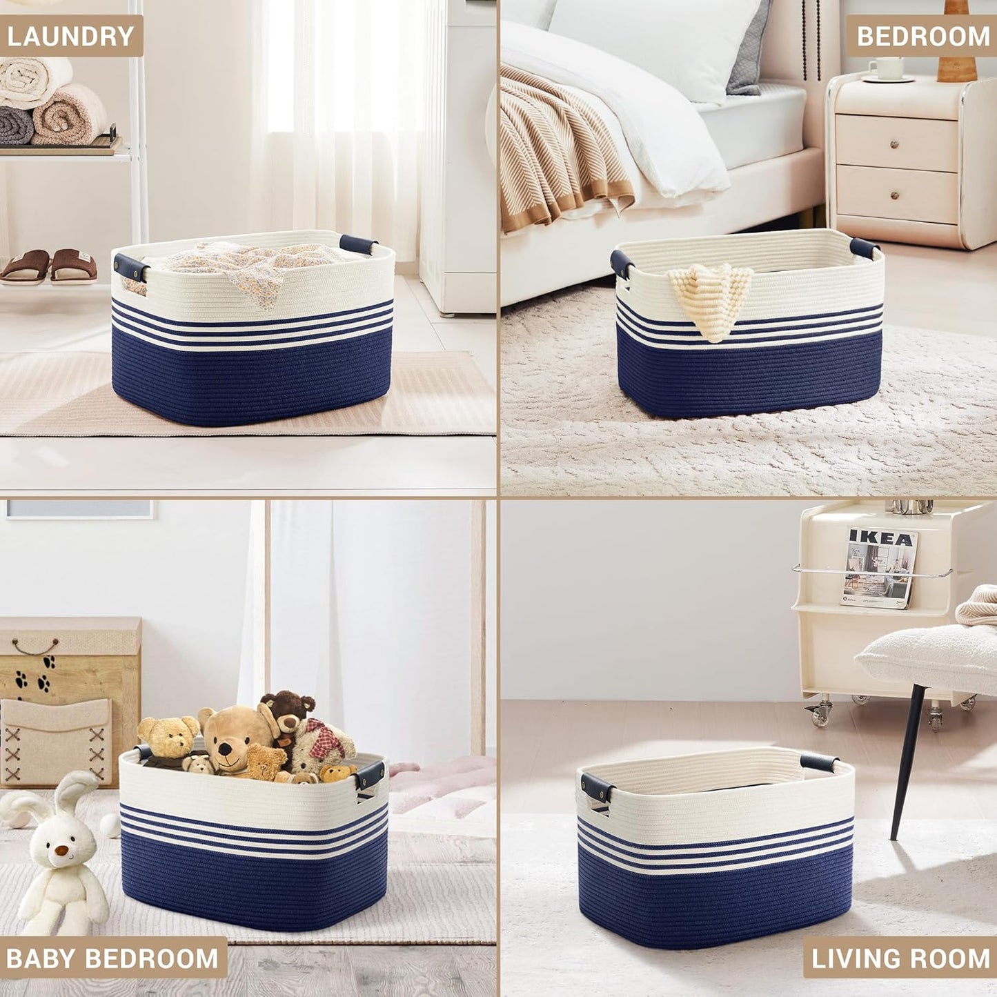 60L Large Laundry Basket with Leather Handles for Living Room Storage, Woven Rope Baskets Bin for Blanket, Kids Toy, Gifts, Wicker Hamper for Bedroom Dirty Clothes, 21"x15"x11" White Navy